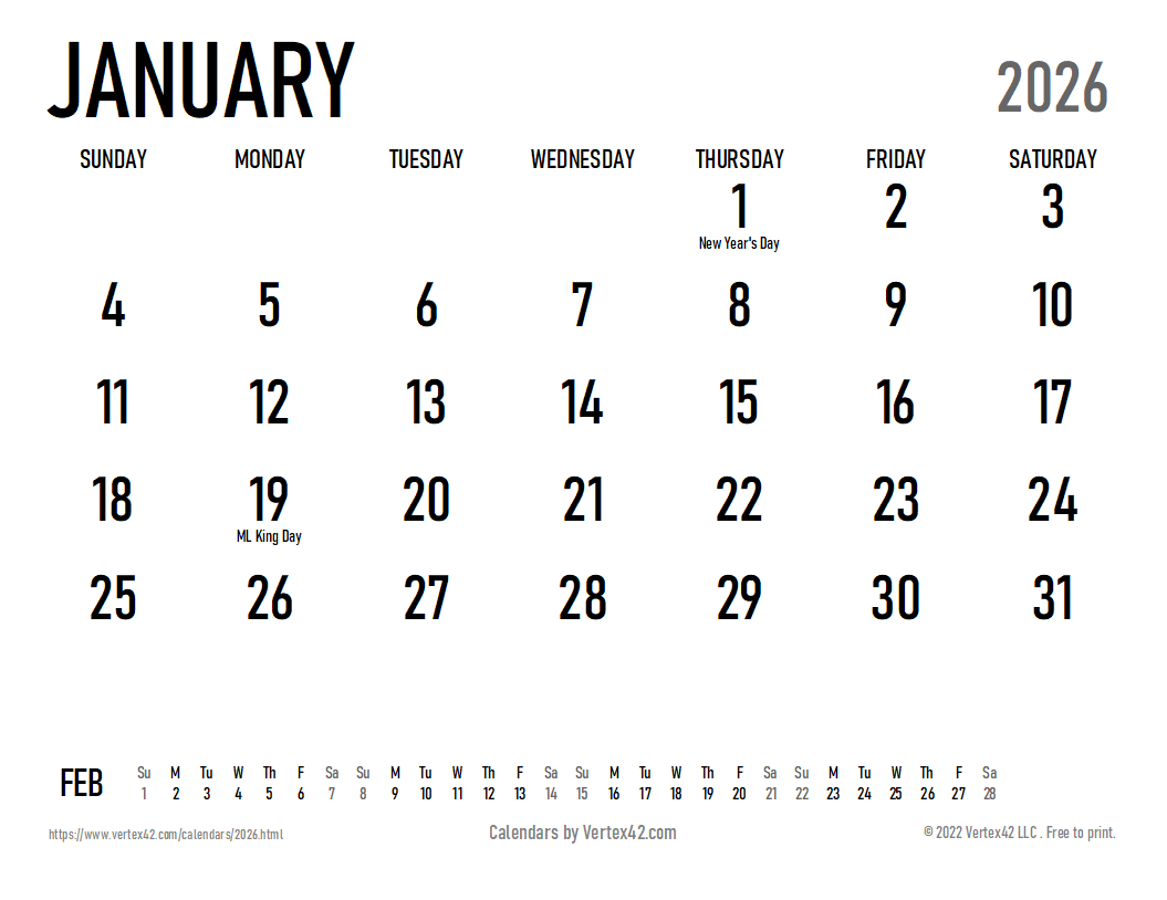 Monthly Free Printable 2026 Calendar Printable