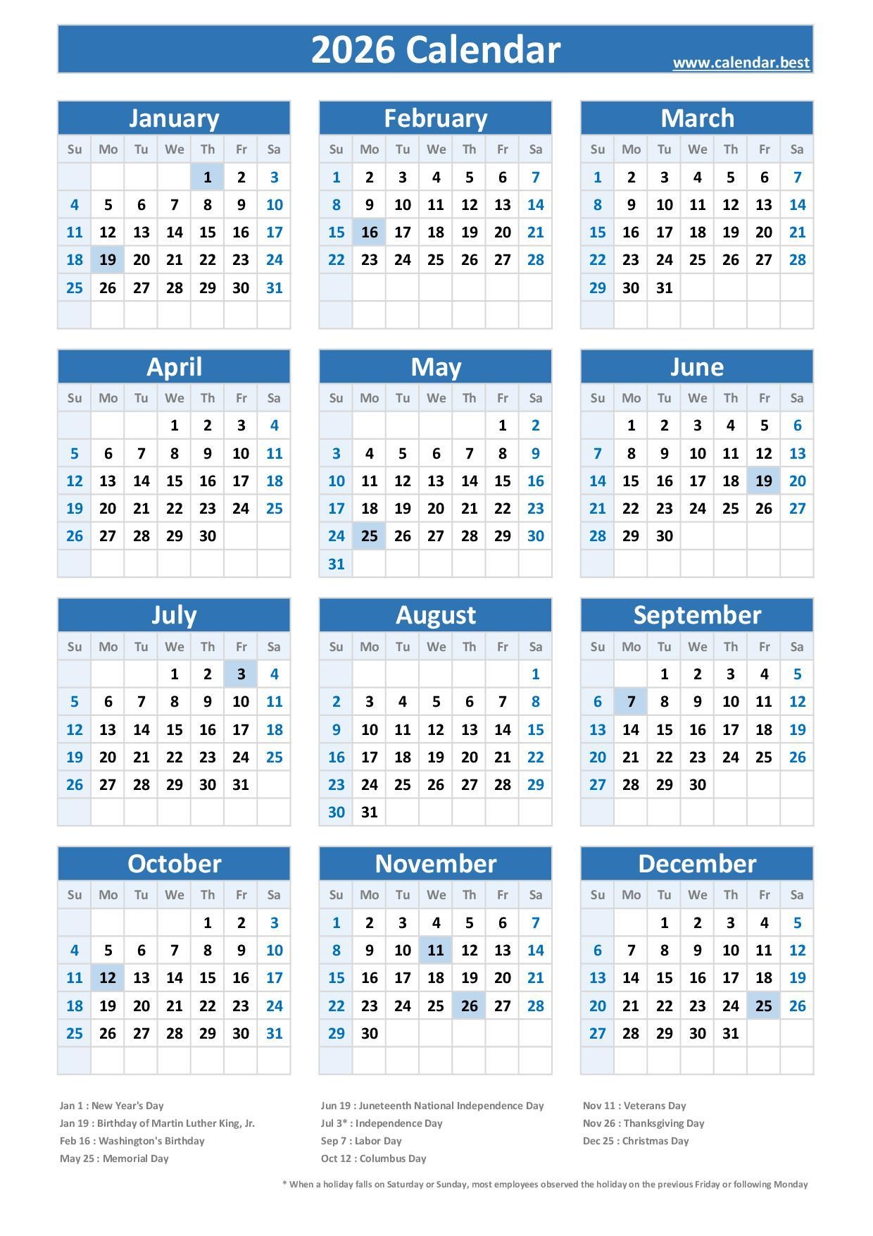 2026 Calendar With Holidays US Federal Holidays 
