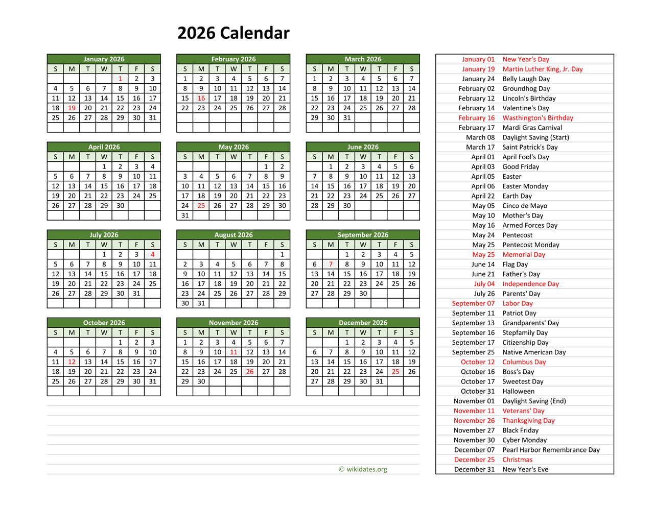 Printable Calendar 2026 With Holidays Usa