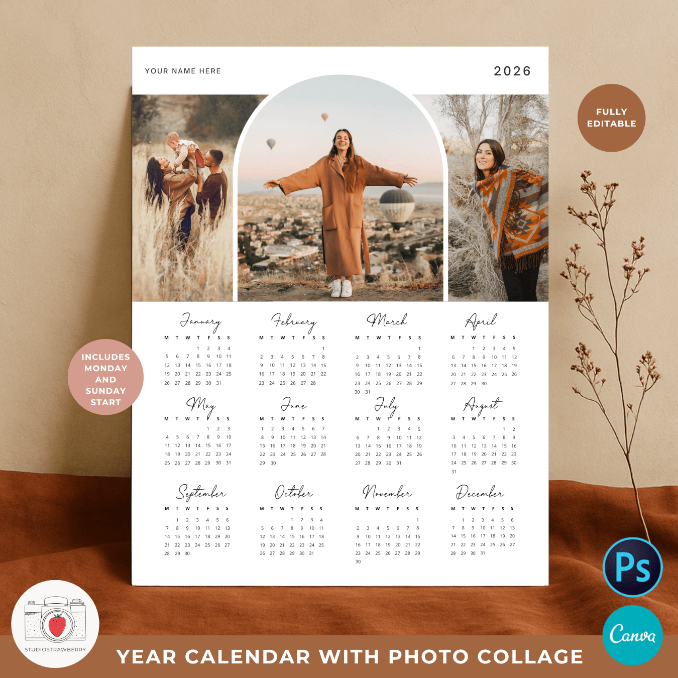 2026 Photo Calendar Template With Window Arch Strawberry Kit