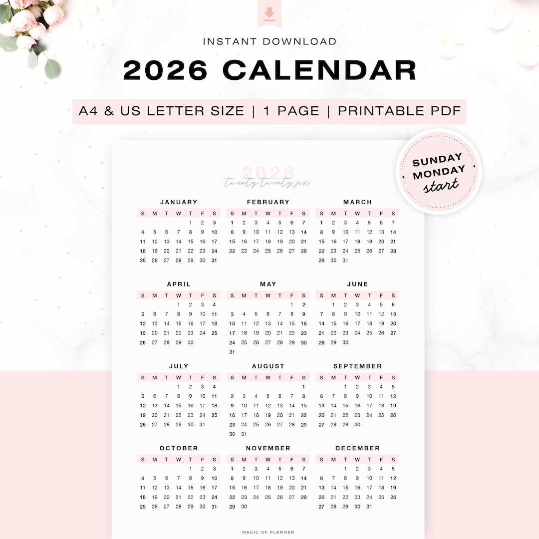 Pink 2026 Calendar Printable