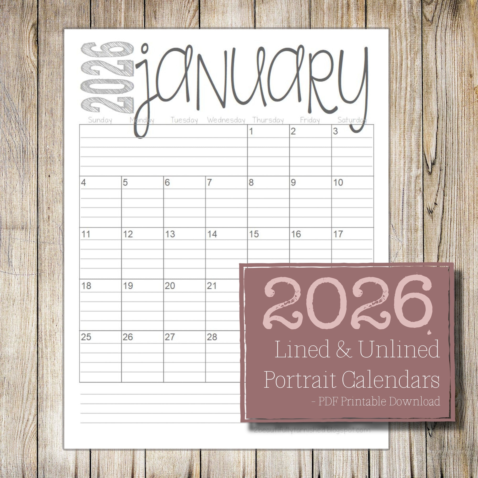 Portrait Printable Calendar 2026