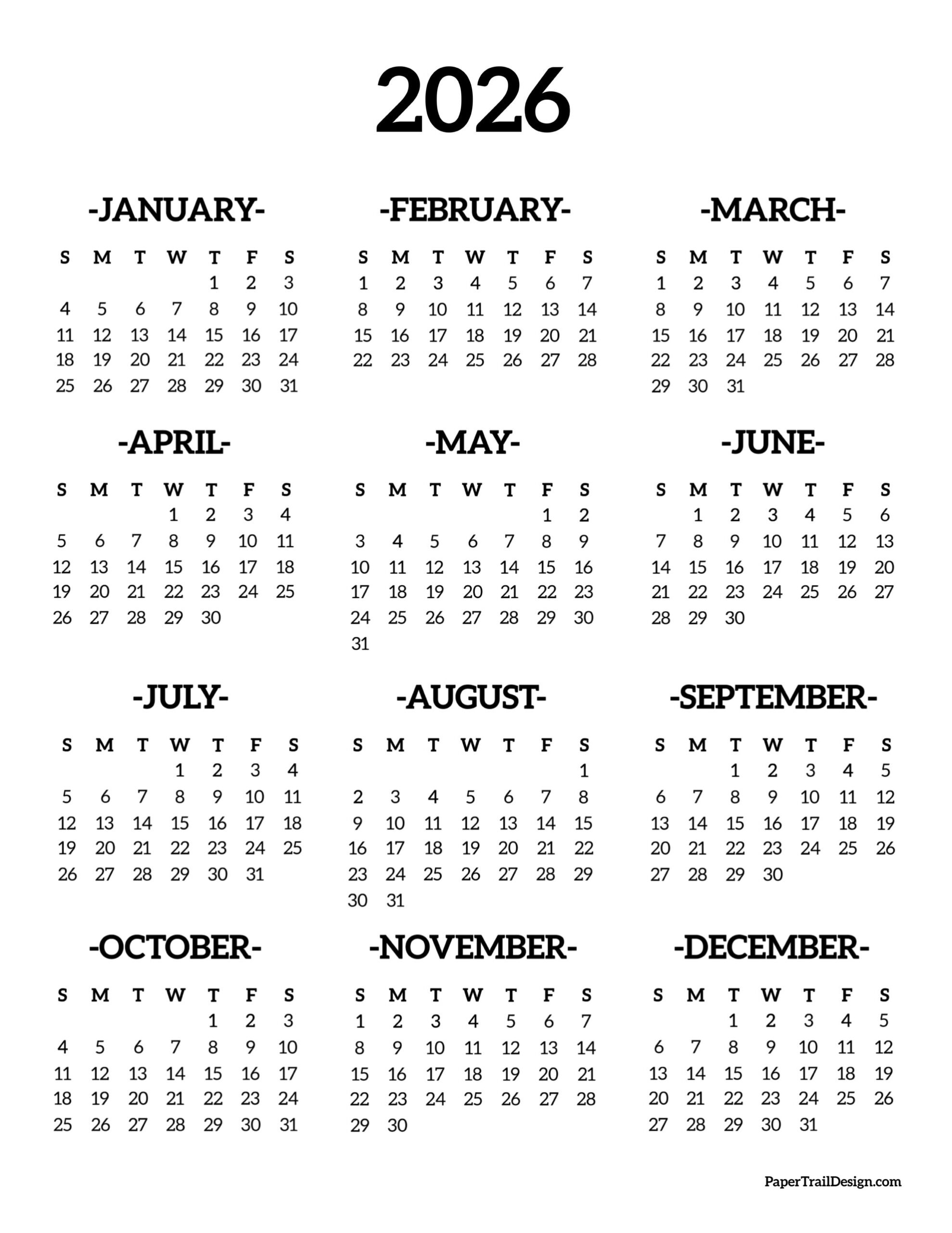 2026 Printable Calendar One Page Paper Trail Design