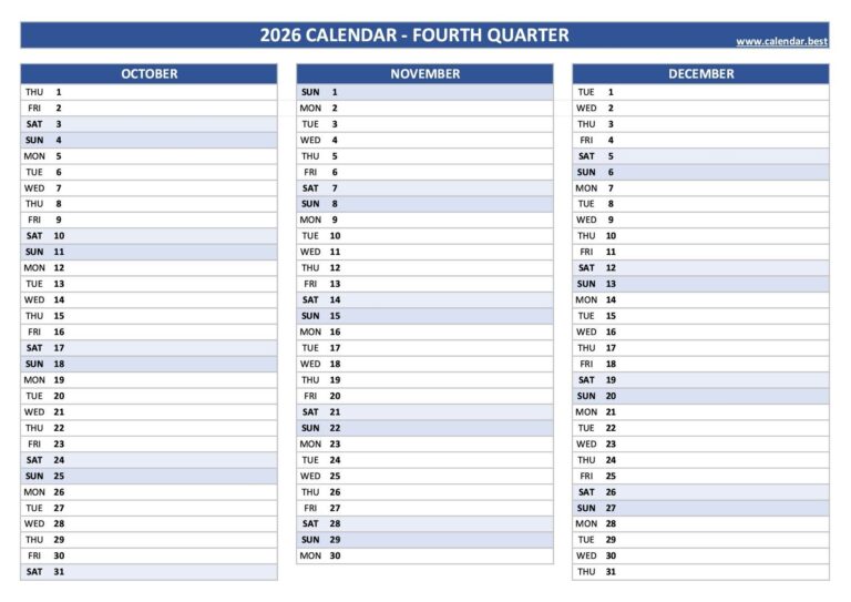 2026 Quarterly Calendar To Print