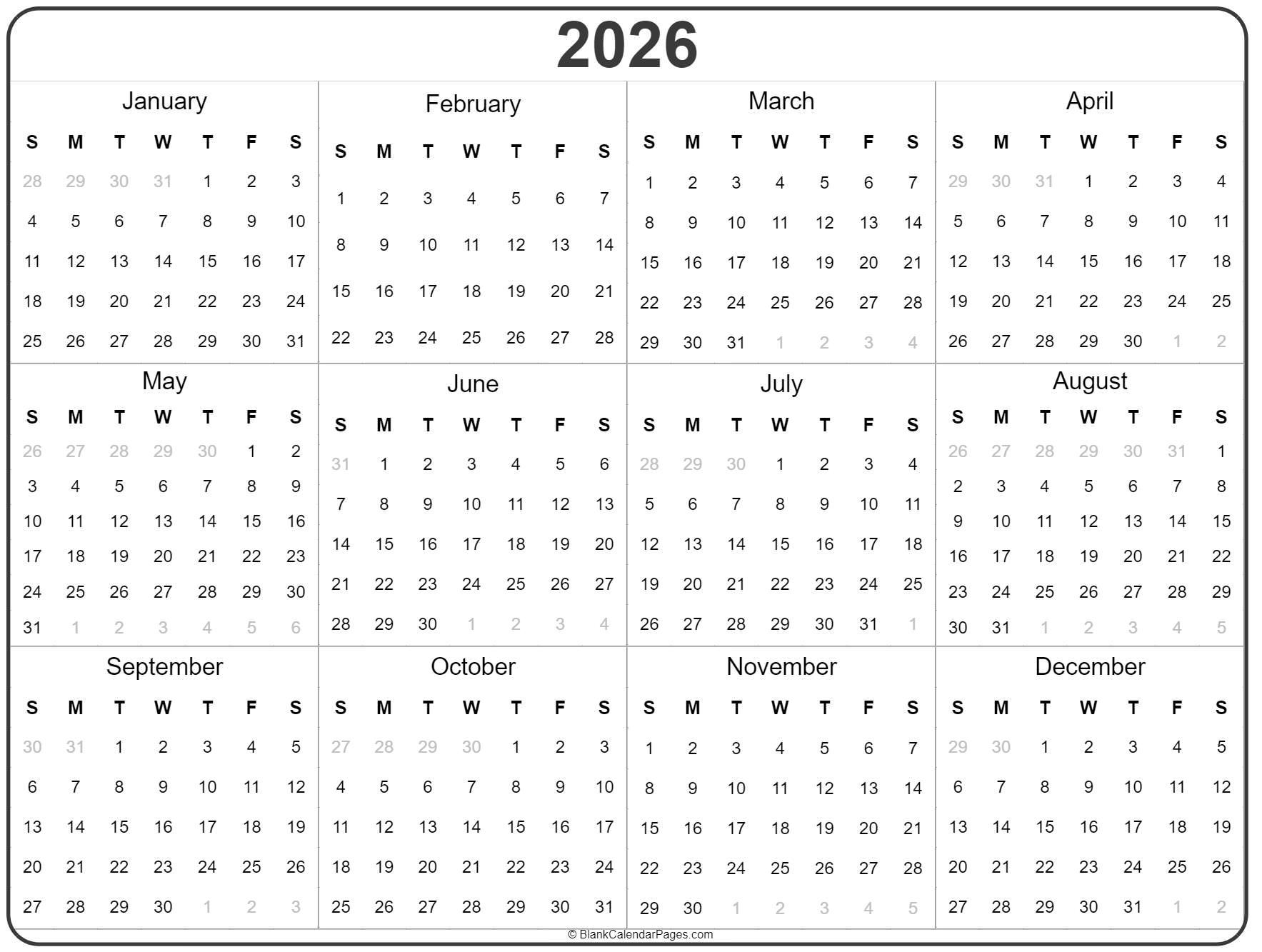 2026 Year Calendar Yearly Printable 2026 Year Calendar Yearly Printable