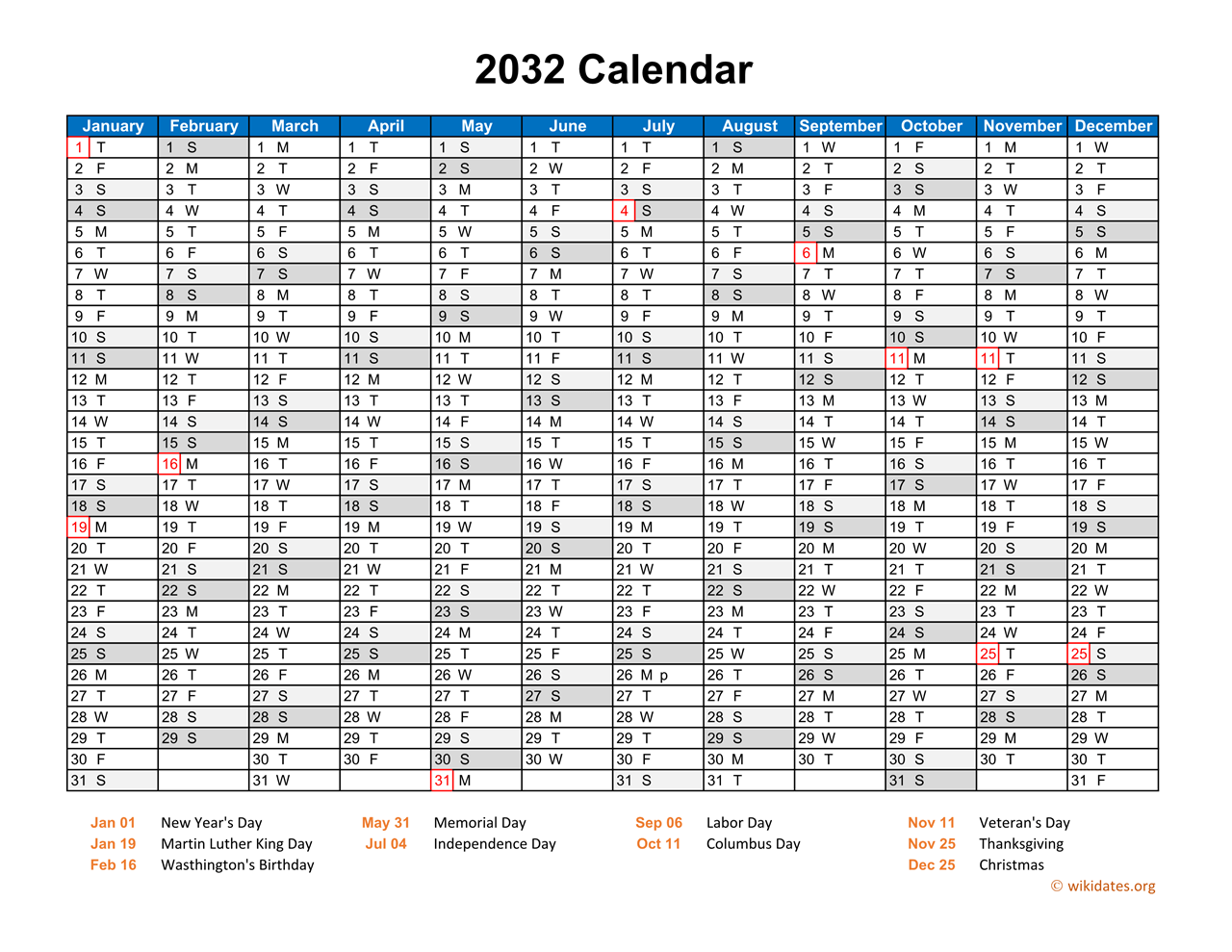 2032 Calendar Horizontal One Page WikiDates