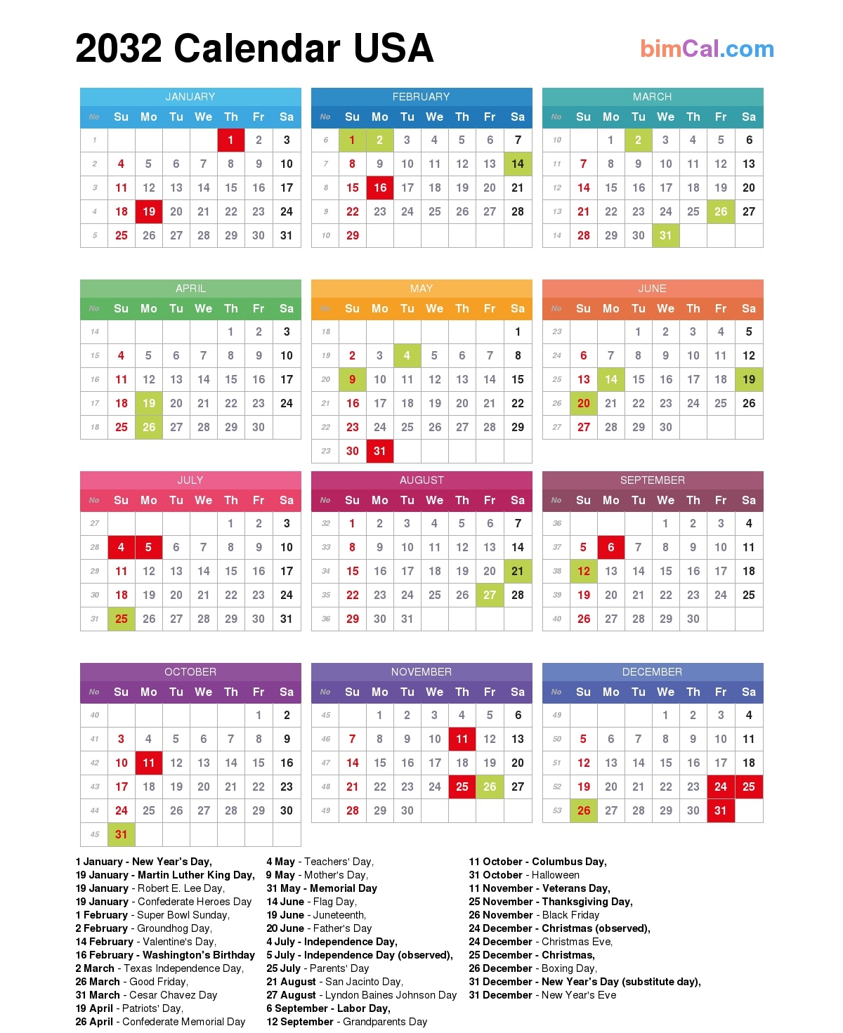 2032 Calendar USA BimCal