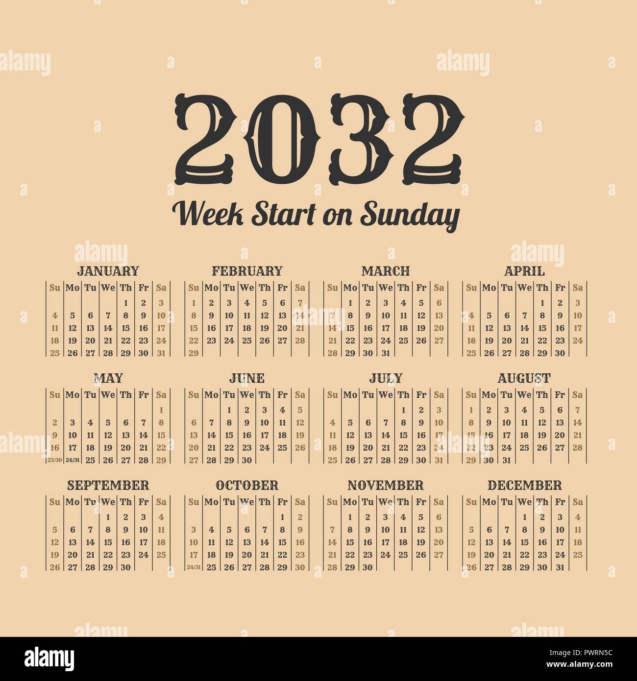 2032 Year Retro Calendar Weeks Start On Sunday Stock Vector Image Art Alamy