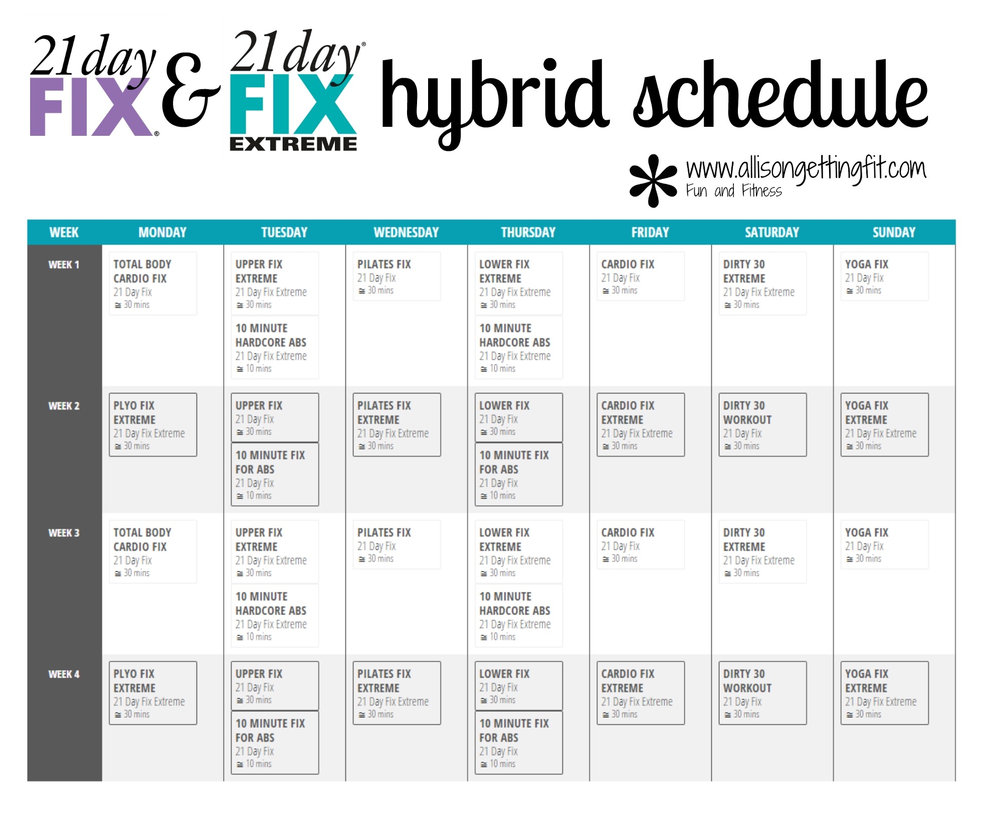 21 Day Fix Extreme Workout Calendar Workout Schedule 21 Day Upper Fix 21 Day Fix Lower