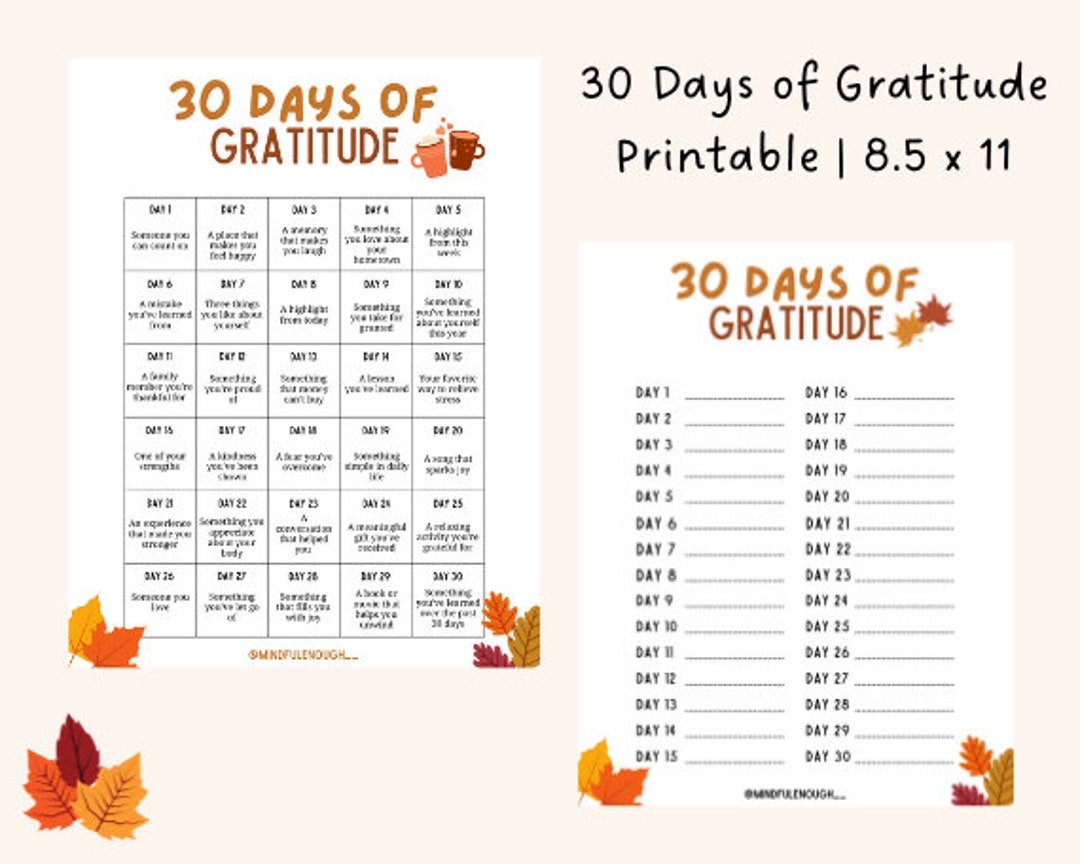 30 Day Gratitude Challenge Gratitude Calendar Printable Gratitude Printable Thanksgiving Printable Gratitude Journal Etsy
