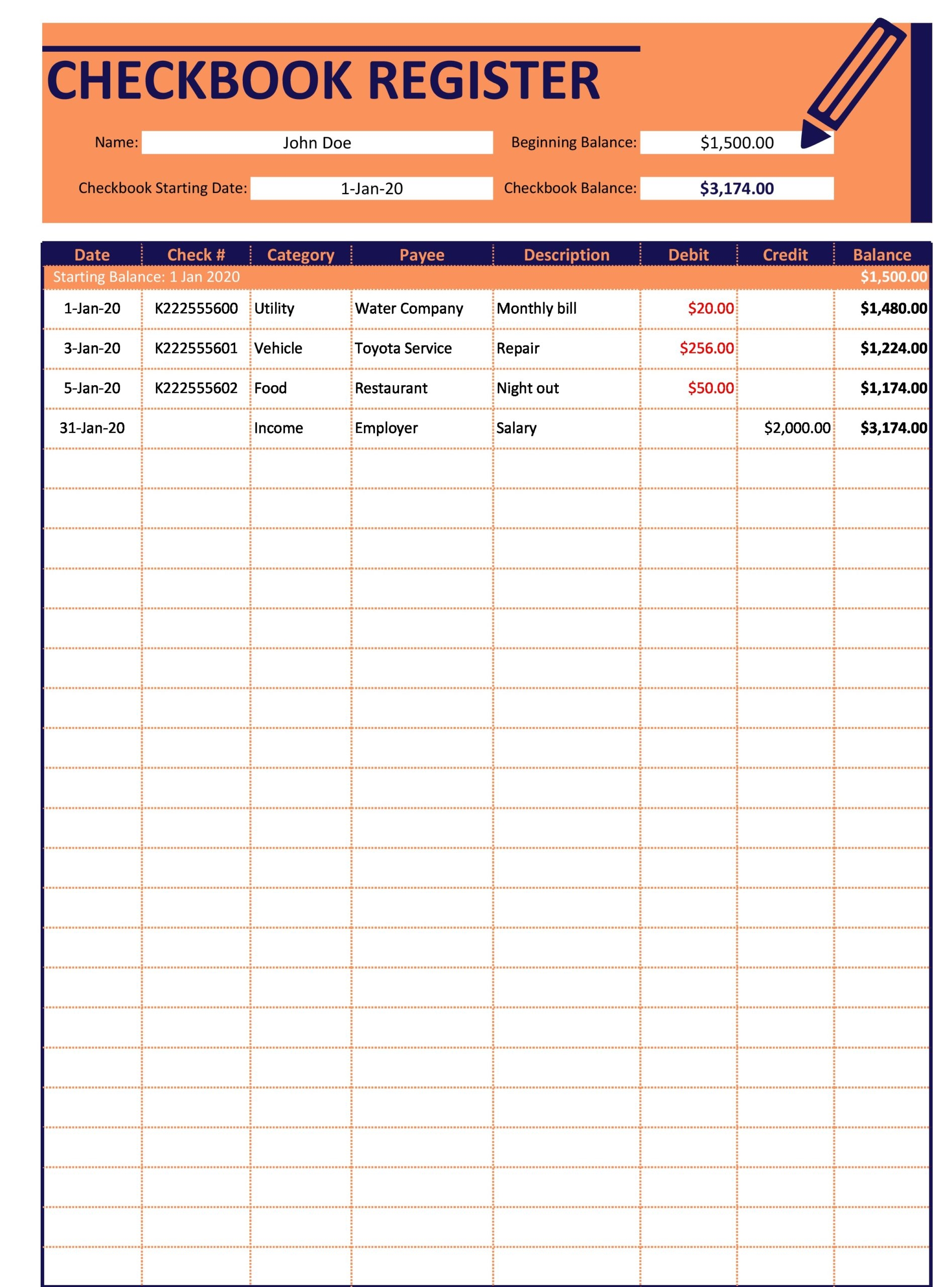 Printable Checkbook Register Worksheet
