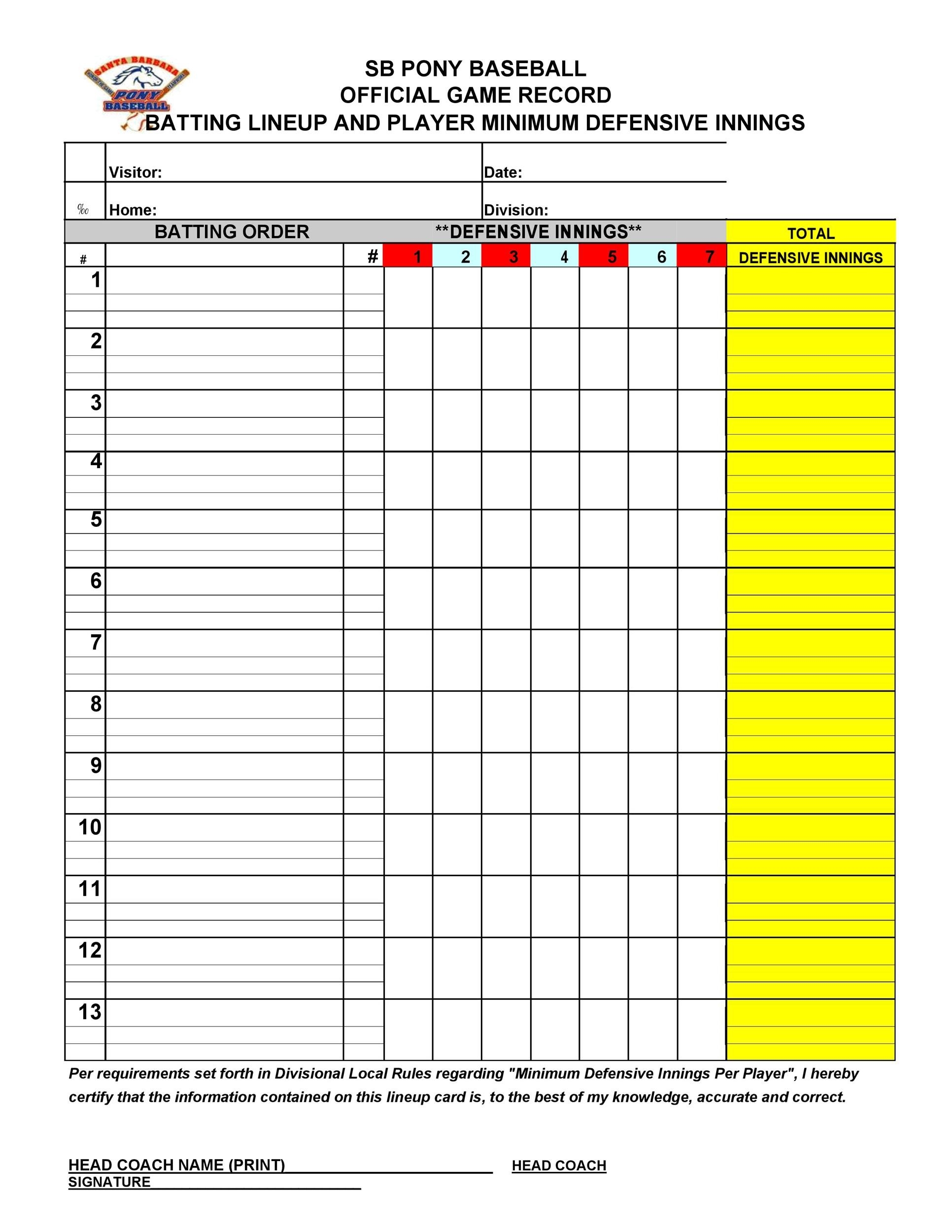 Baseball Lineup Sheet Free Printable