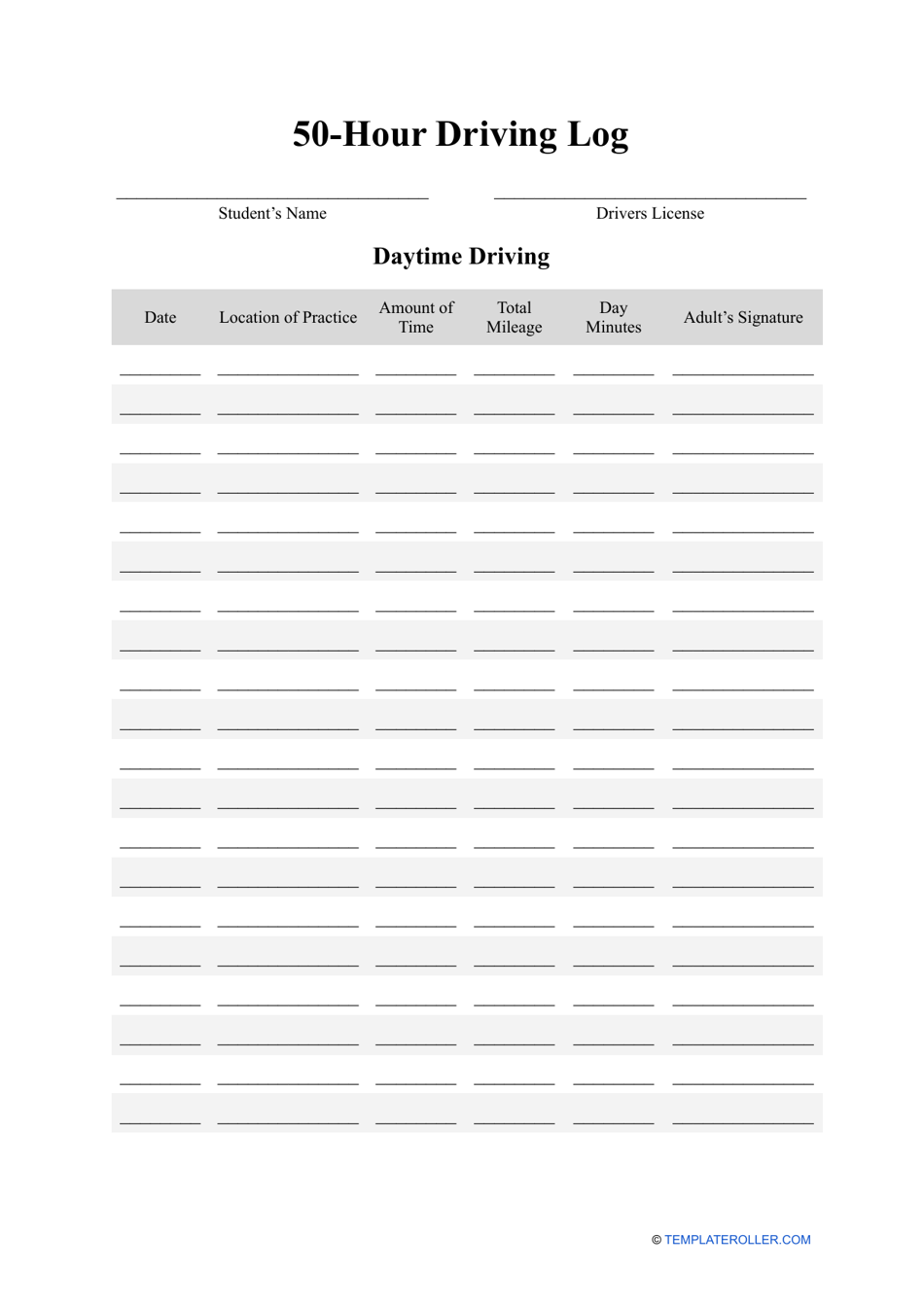 50 Hour Driving Log Sheet Template Download Printable PDF Templateroller
