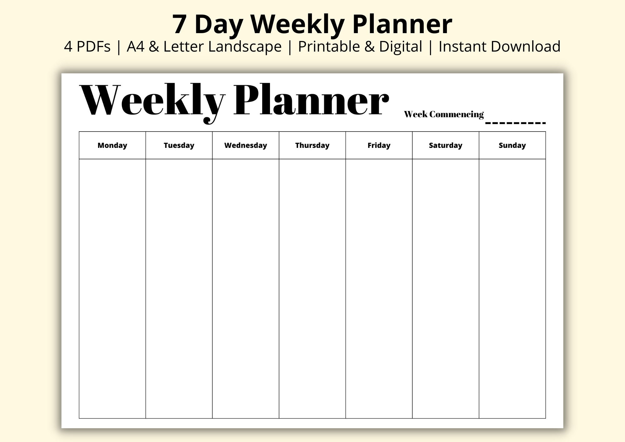 7 Day Weekly Planner Simple Weekly Overview Week At A Glance Weekly To Do List Landscape horizontal Digital printable A4 letter Etsy