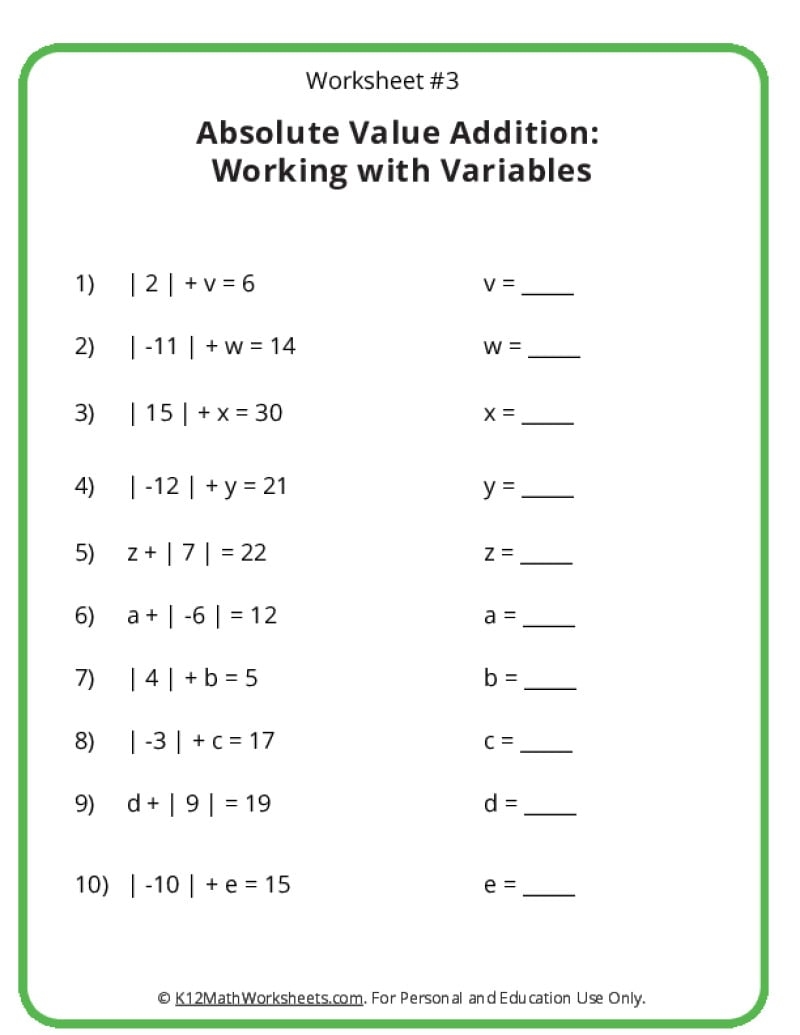Absolute Value Worksheets