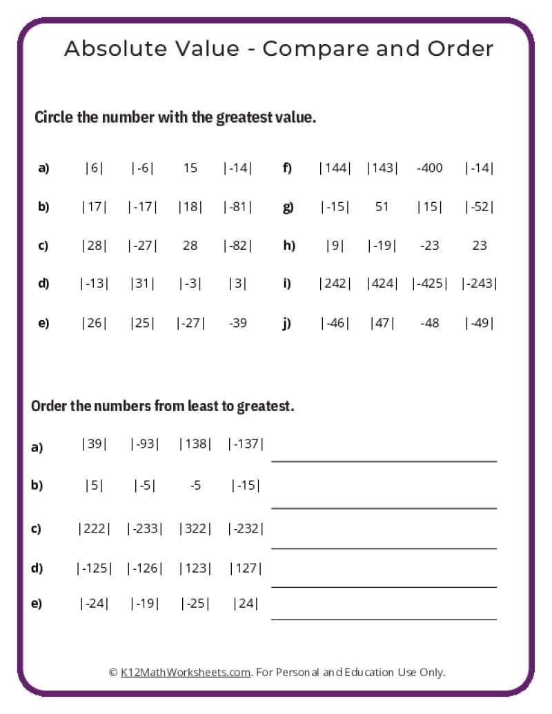 Absolute Value Worksheets