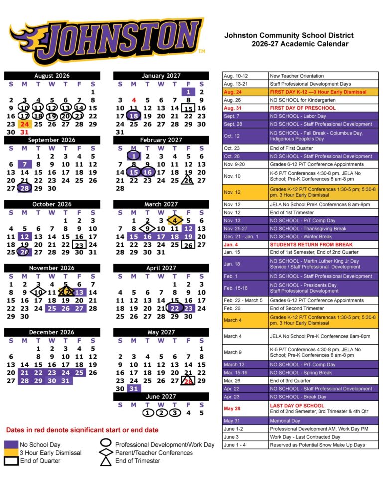 Academic Calendars Johnston Community School District