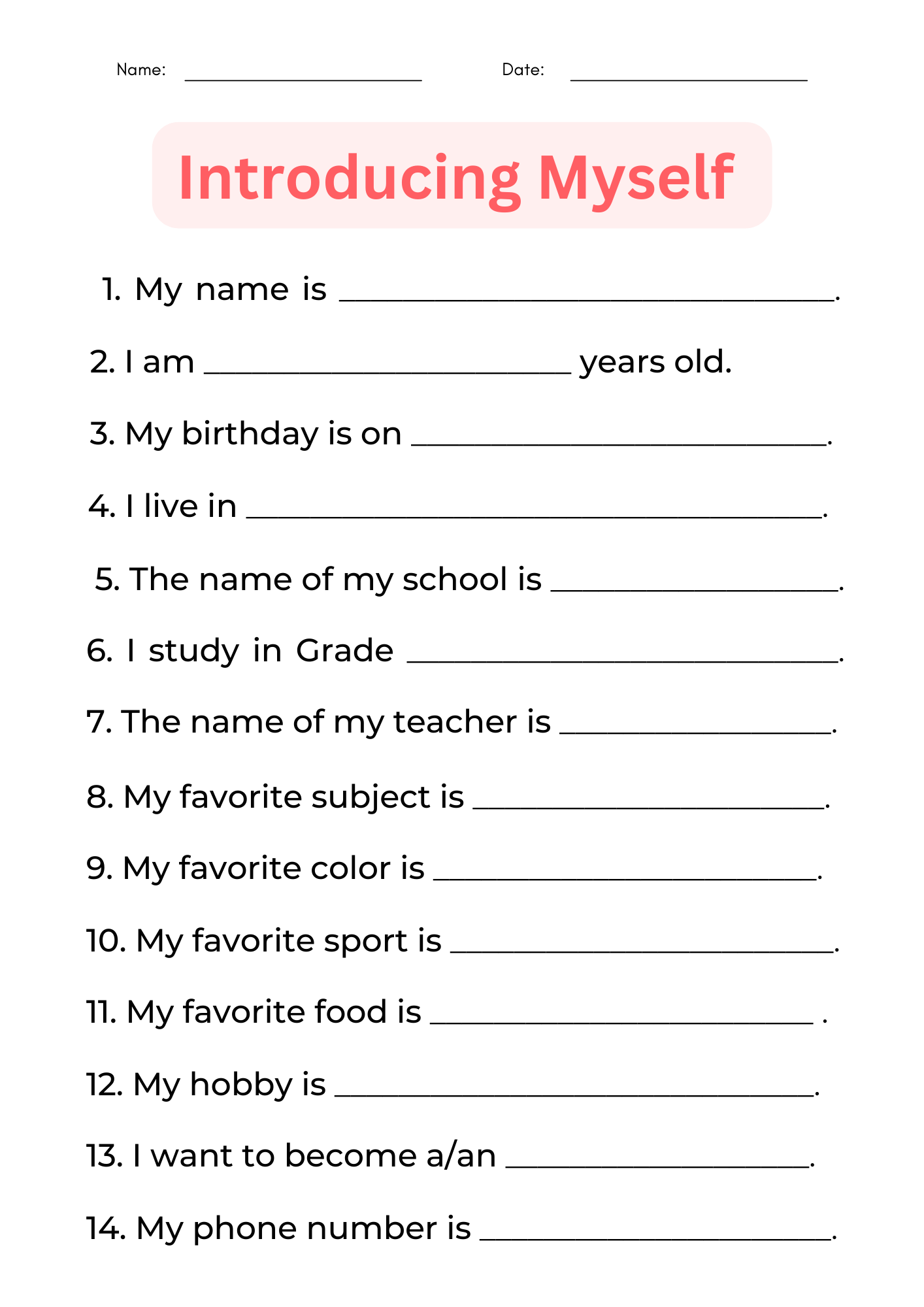 All About Me Printable Worksheets