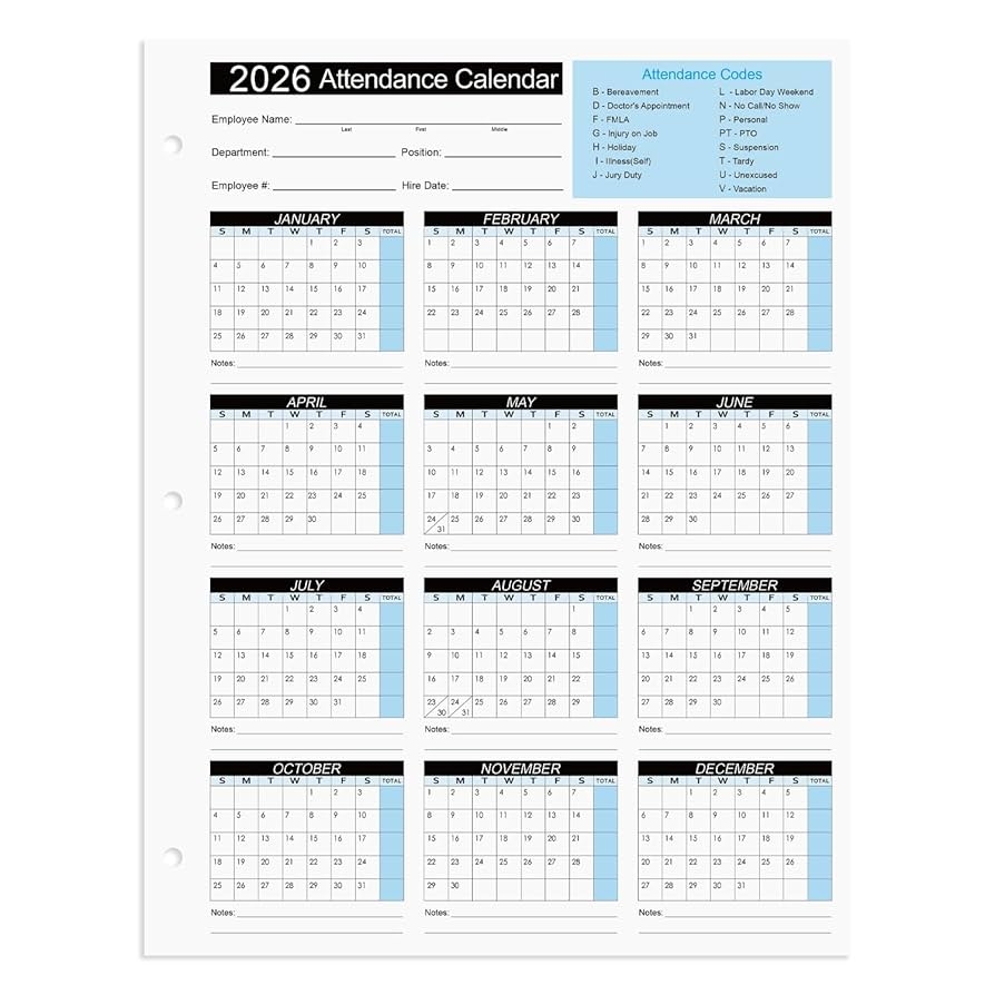 Amazon 2026 Attendance Calendar Work Tracker Attendance Calendar Cards 8 5 X 11 Cardstock Pack Of 25 Sheets Office Products