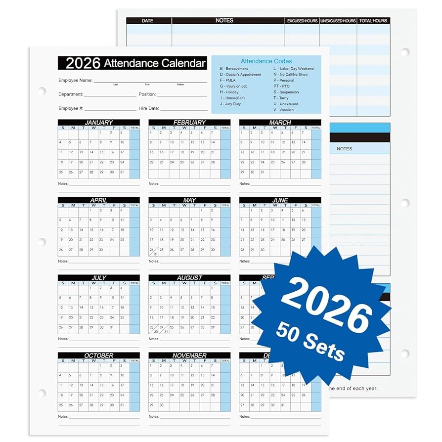 Amazon 2026 Attendance Calendar Work Tracker Attendance Calendar Cards 8 5 X 11 Cardstock Pack Of 50 Sheets Office Products