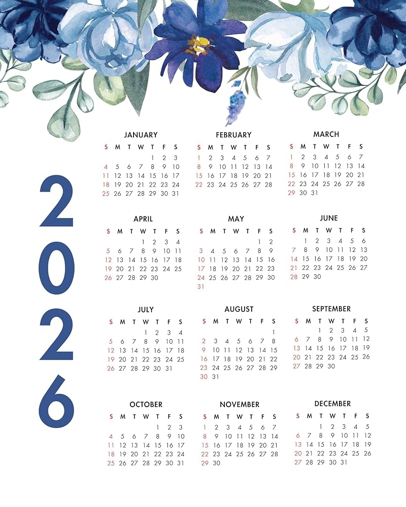 Amazon 2026 Year At A Glance Calendar Elegant Blue Flower Design Unframed 8x10 Inch Wall Calendar Art Quality Photo Paper Satin Finish Handmade In The USA Office Products
