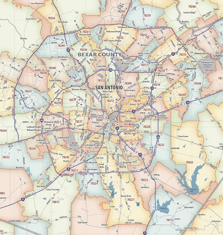 Amazon San Antonio TX ZIP Code Laminated Map 59 Wide X 59 Tall Office Products