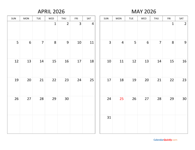 April And May 2026 Calendar Calendar Quickly