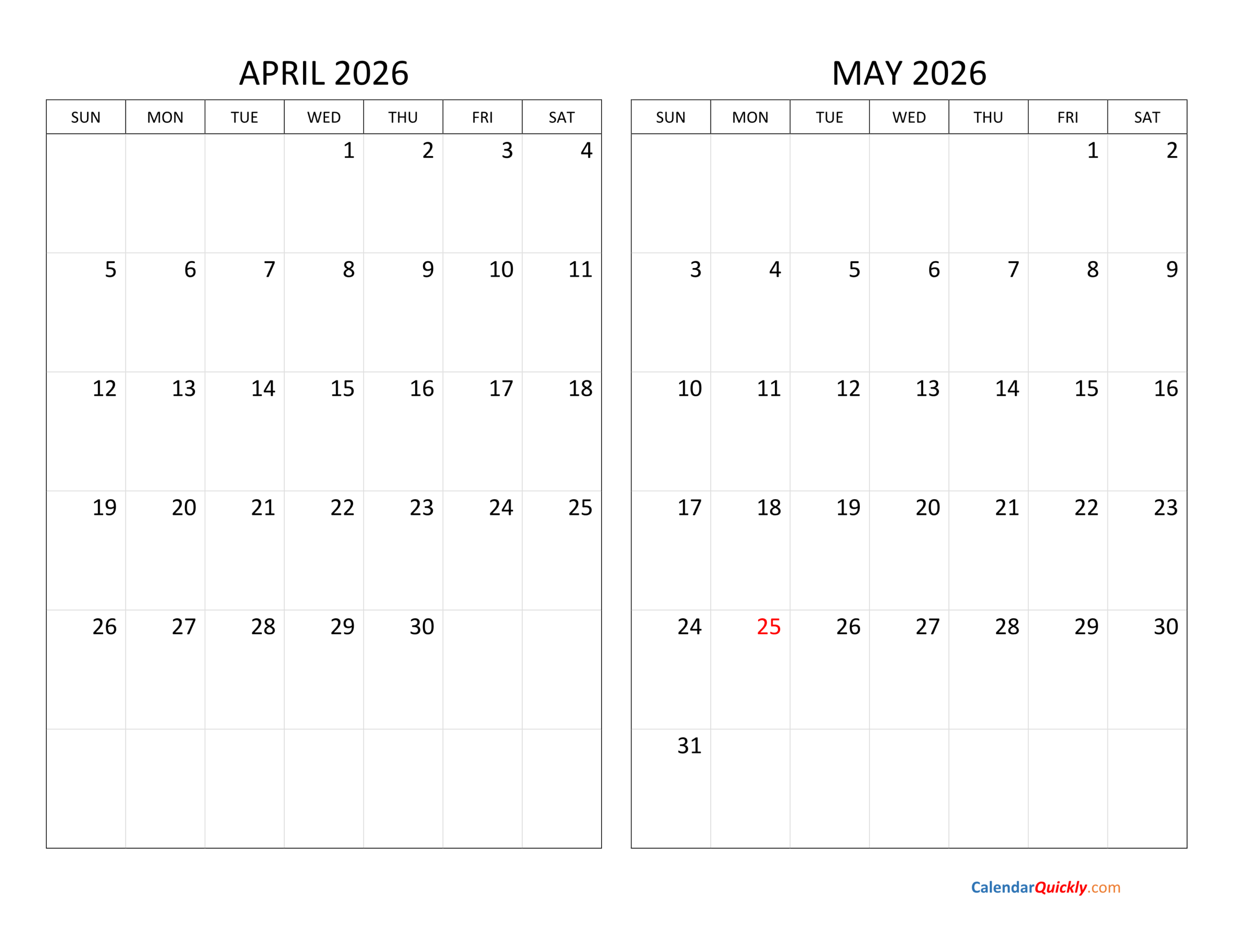 April And May 2026 Calendar Calendar Quickly