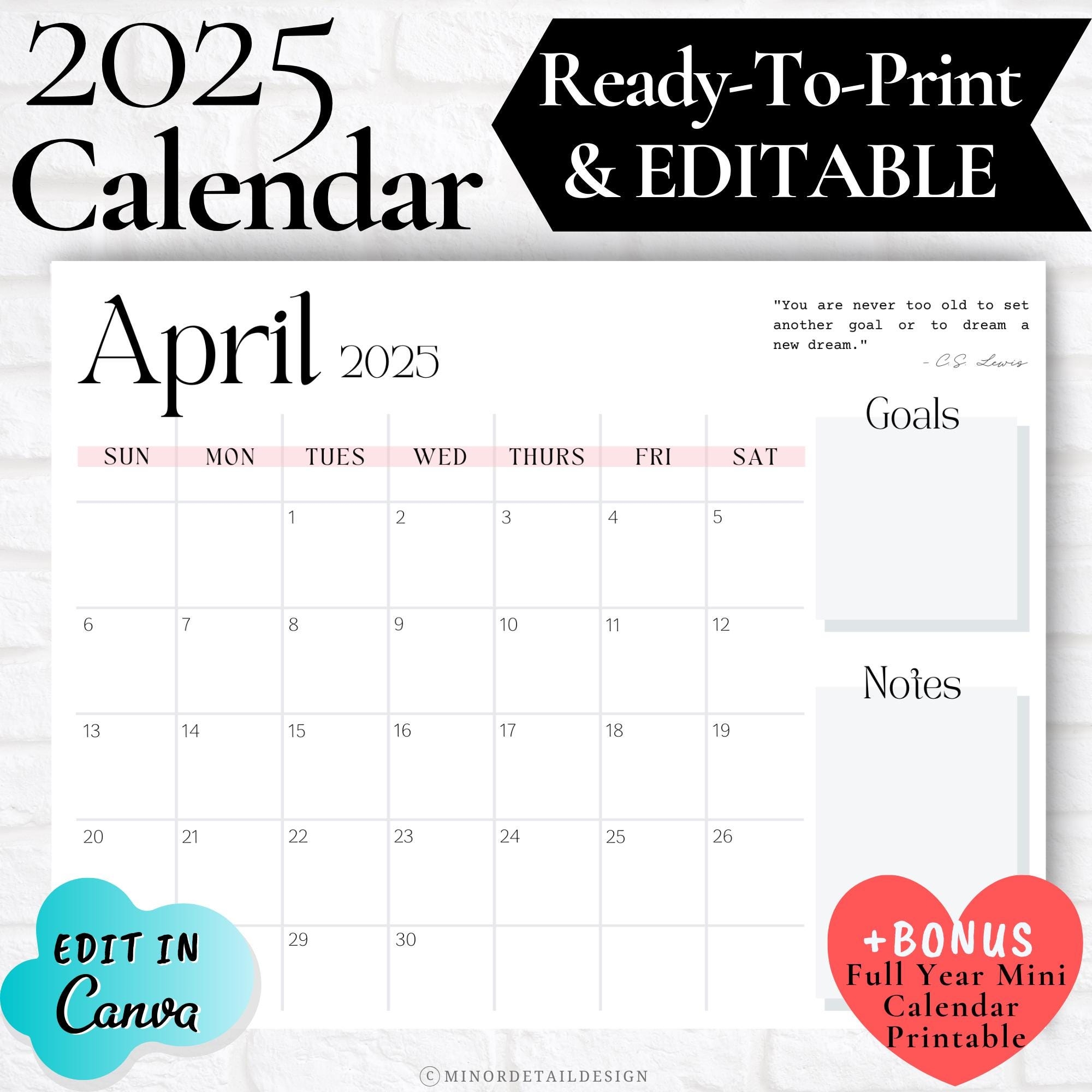 April Calendar Printable April Calendar 2025 April Calendar Planner Desk Calendar Calendar With Notes Section Minimalist White Calendar Etsy
