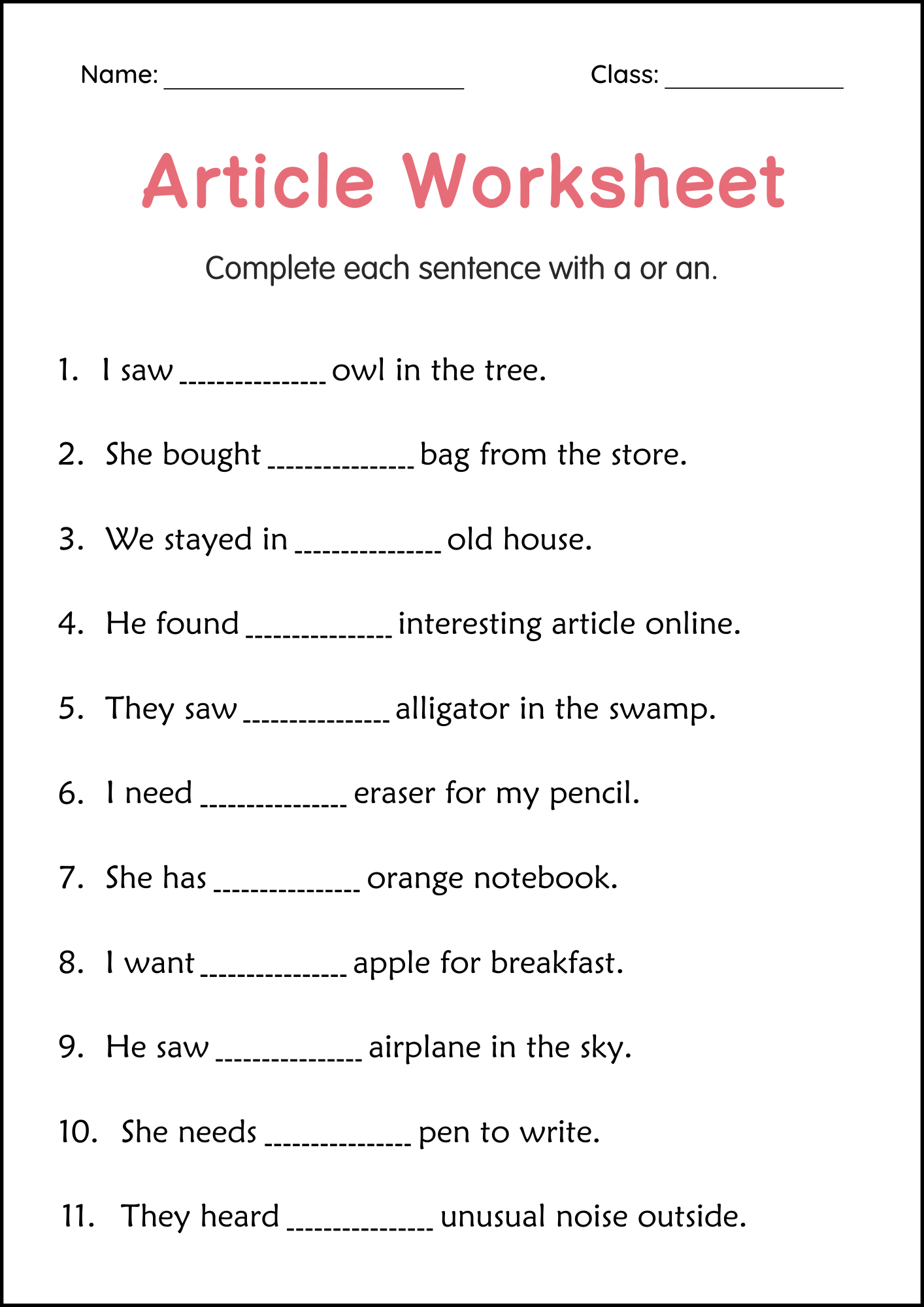 Articles A And An Grammar Worksheets For Grade 1 2 3