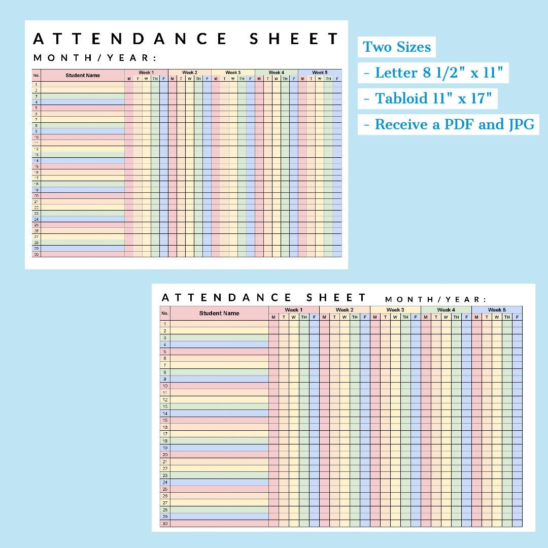 Attendance Sheet Two Sizes Etsy