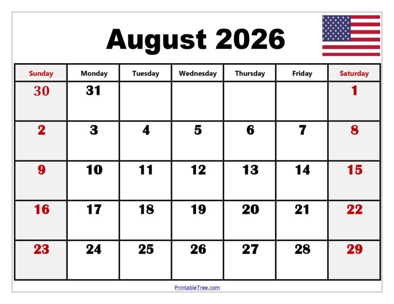 August 2026 Calendar Printable PDF With Holidays Template