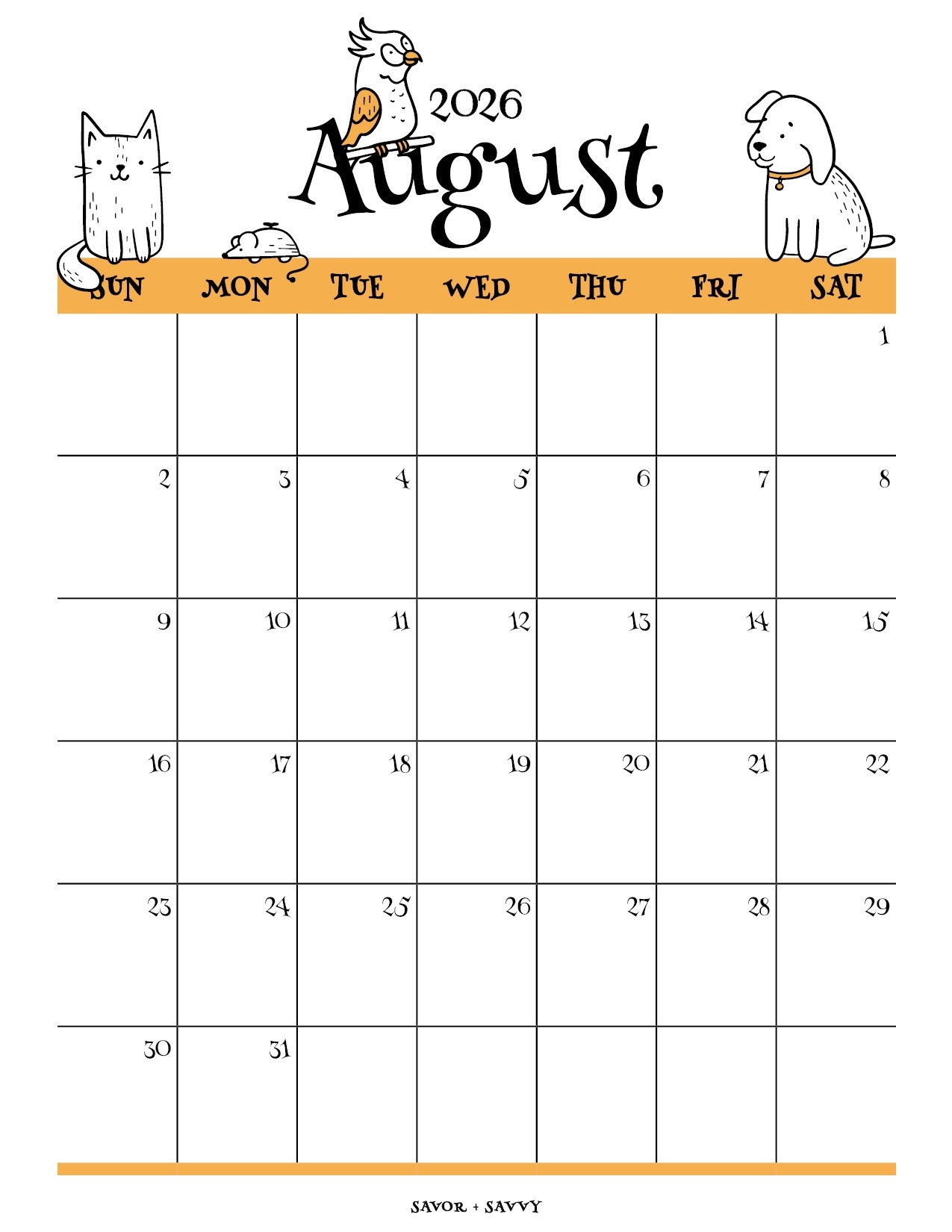 Printable August 2026 Calendar