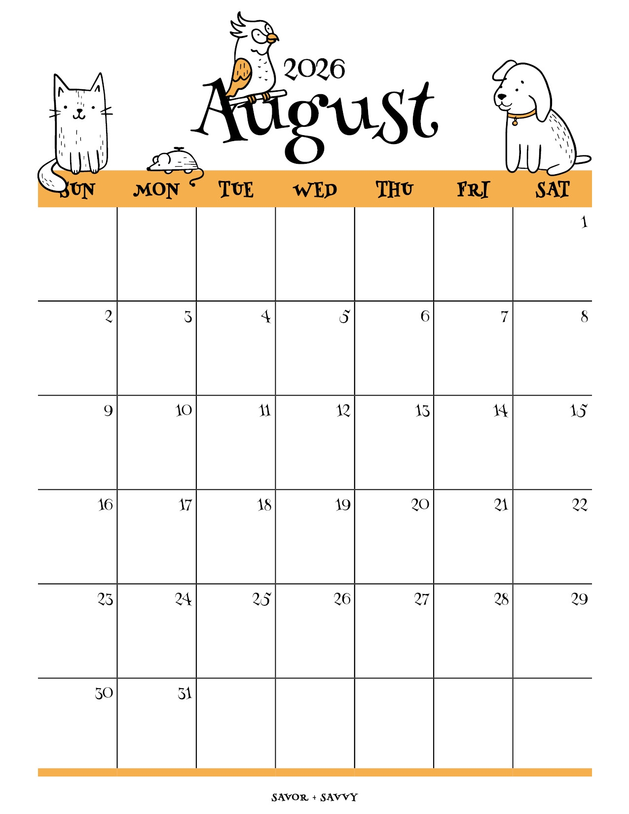 August Printable Calendar 2026 Free August Printable Calendar 2026 Free