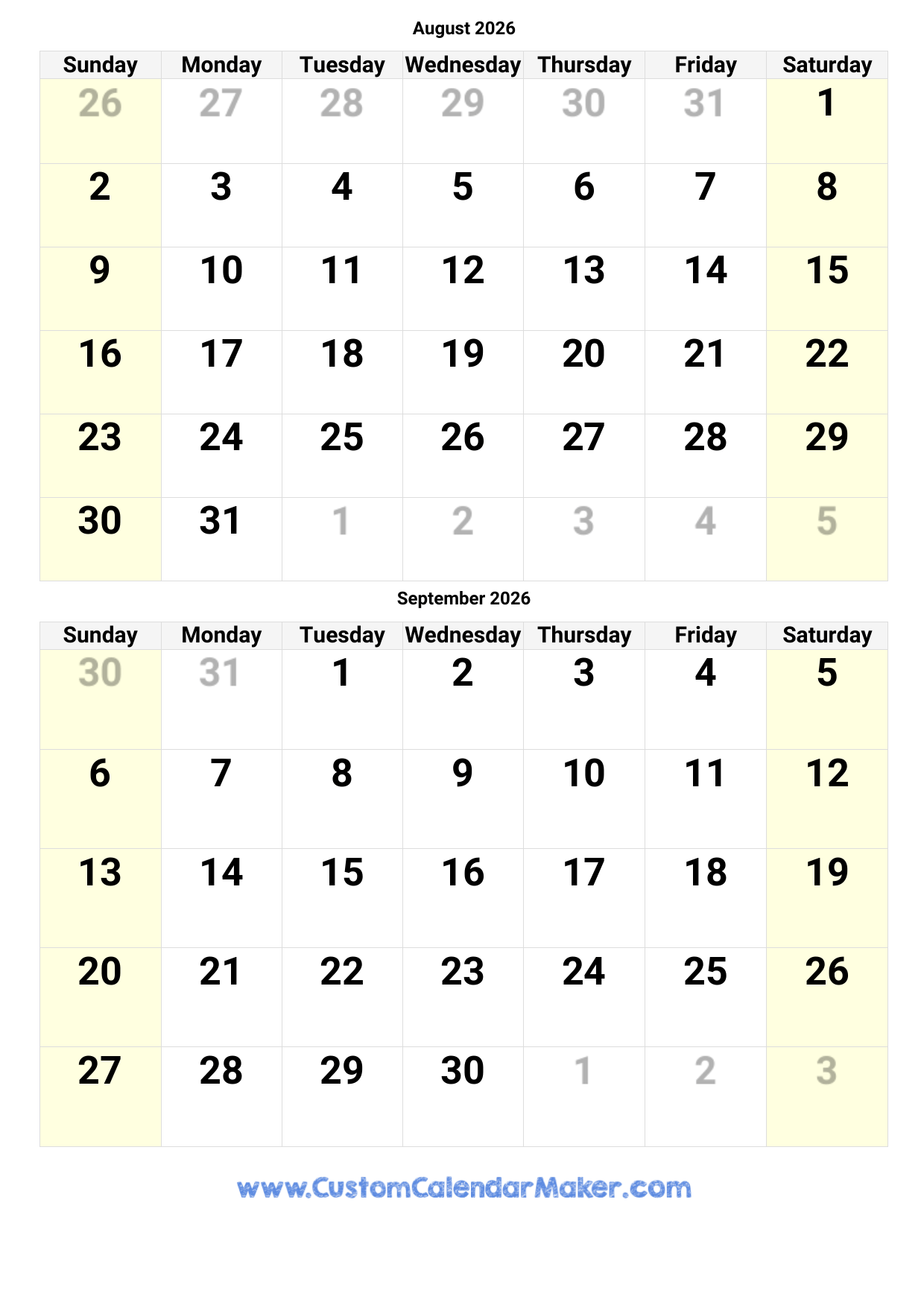 August And September 2026 Calendar Custom Calendar Maker