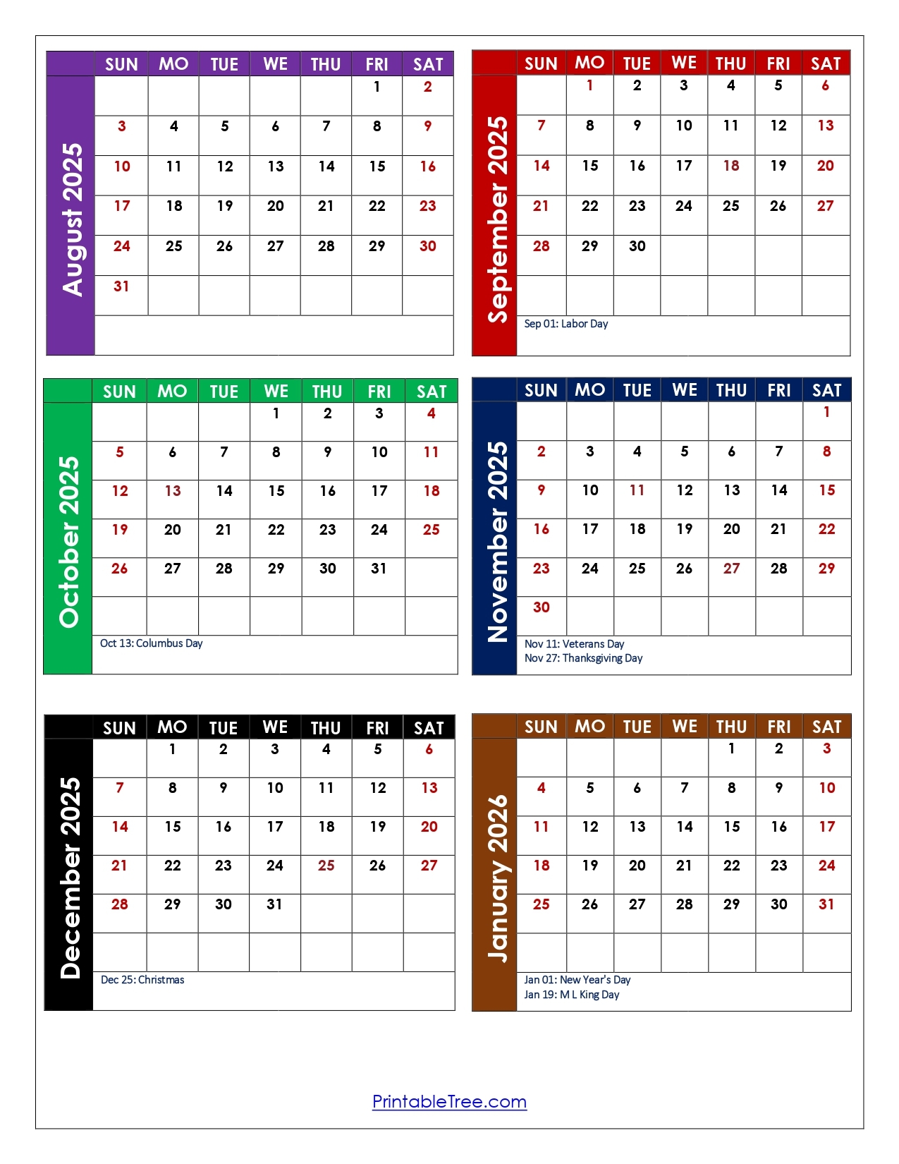 August To January 2026 Calendar Printable PDF Six Months Calendar