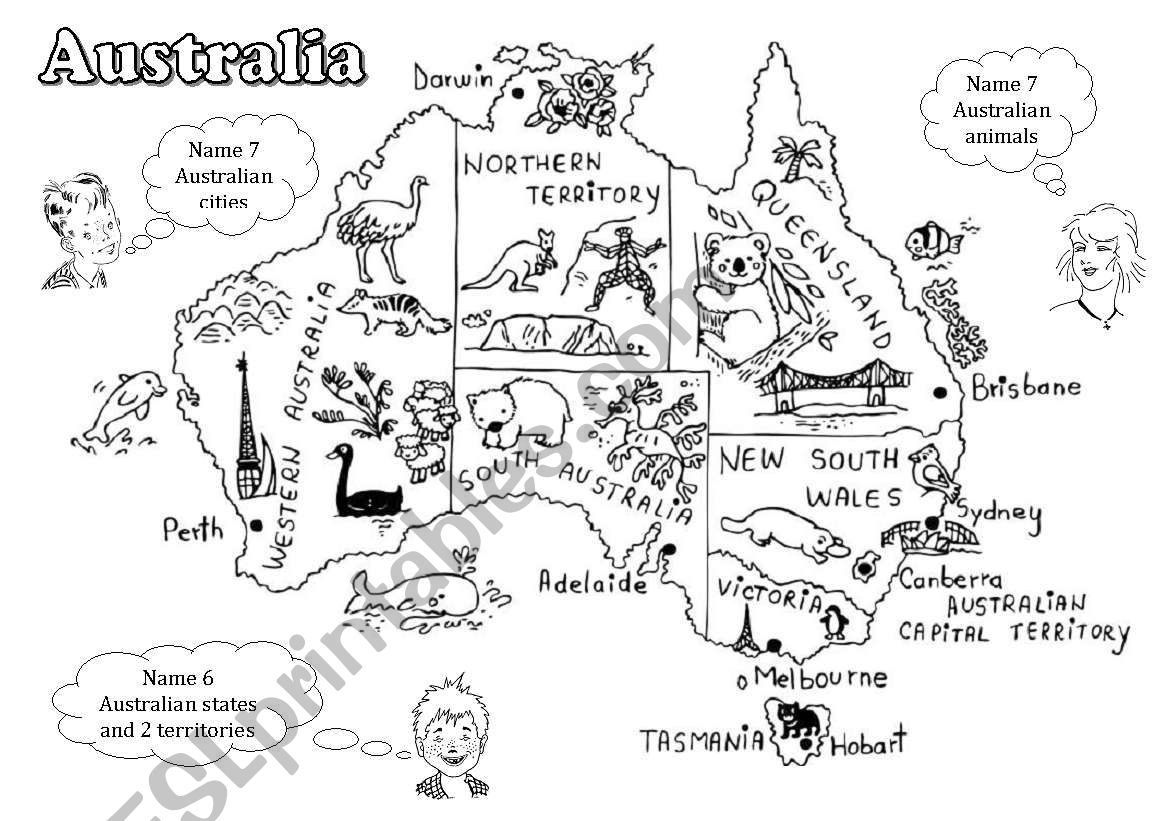 Australia A Black and white Map For Young Learners editable ESL Worksheet By Diana561