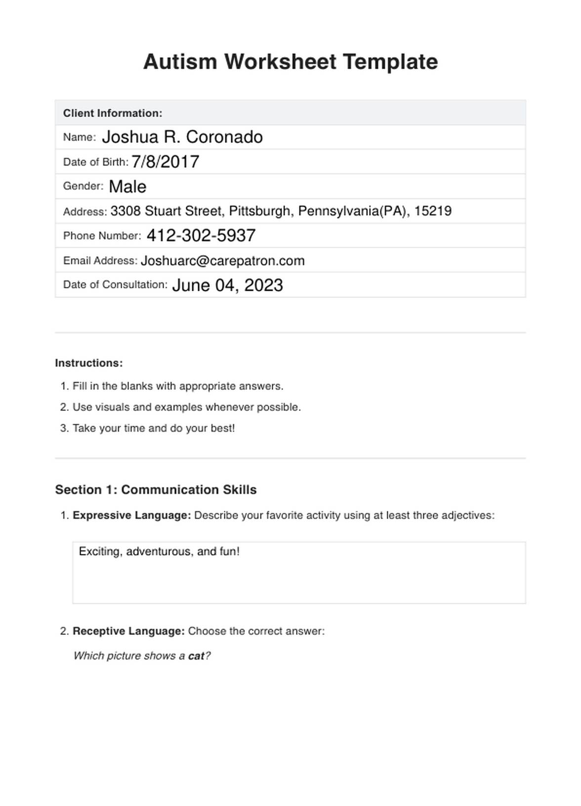 Autism Worksheet U0026 Example Free PDF Download Autism Worksheet U0026 Example Free PDF Download