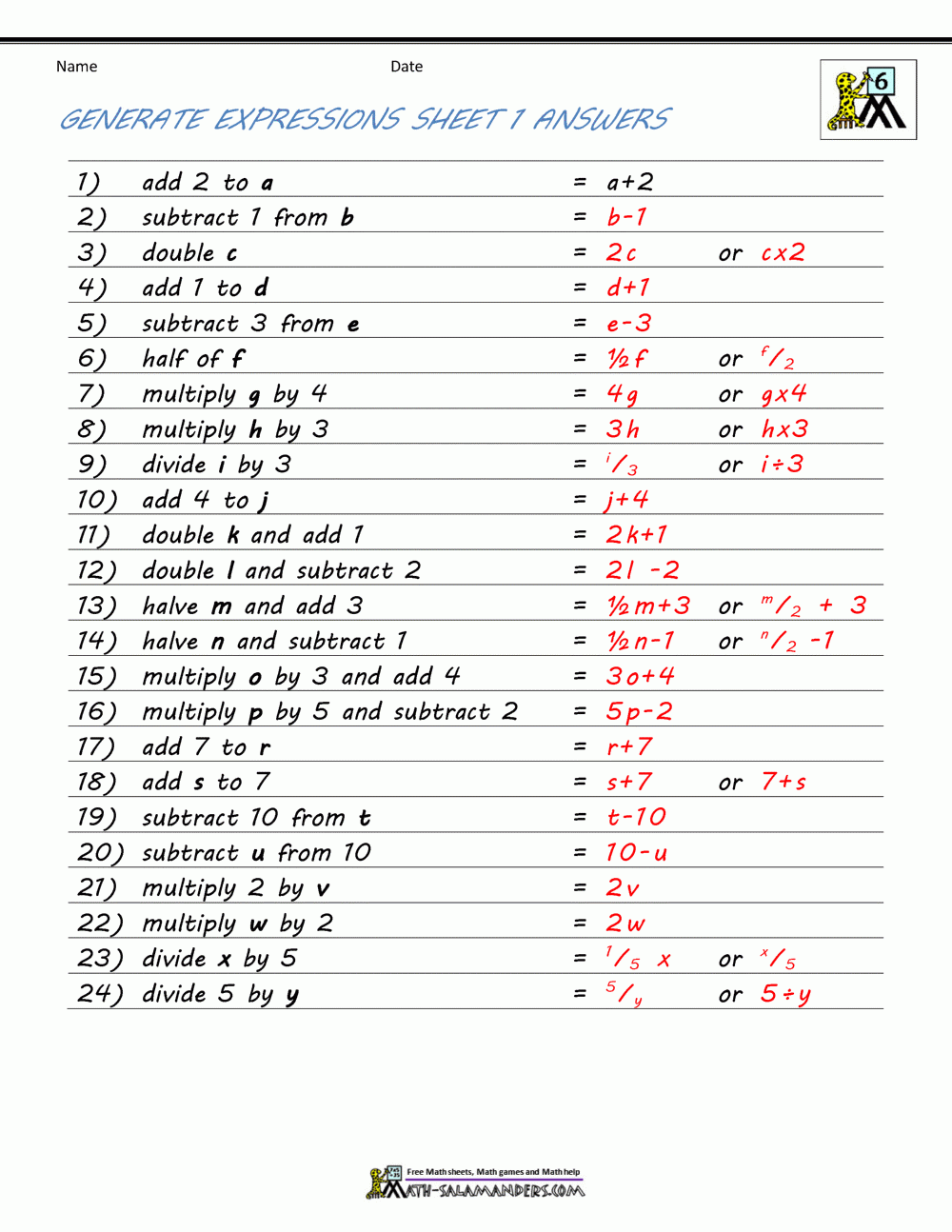 Basic Algebra Worksheets Basic Algebra Worksheets
