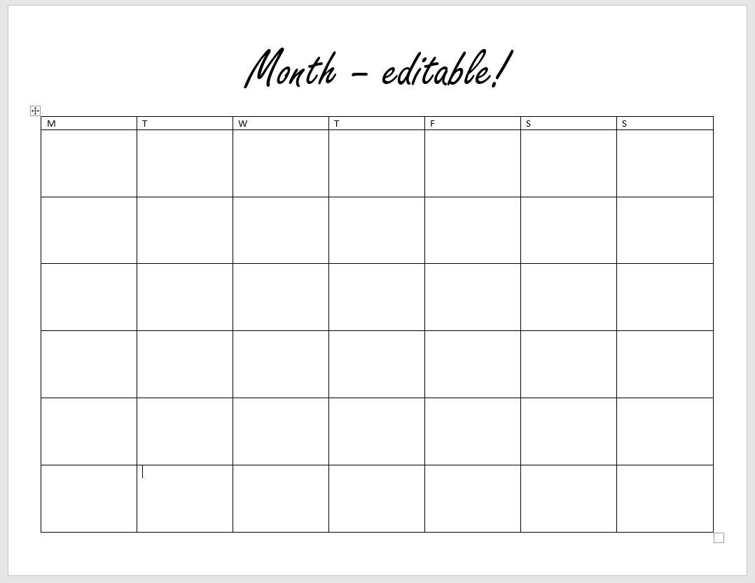 Basic Calendar Month Microsoft Word Template Editable Customizable Etsy Basic Calendar Month Microsoft Word Template Editable Customizable Etsy
