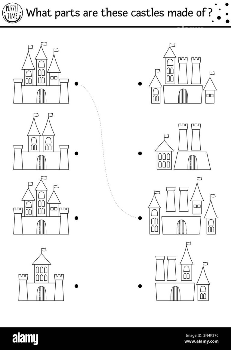 Black And White Find Differences Logical And Matching Game For Kids Fairytale Educational Activity With Castles Find Parts Printable Worksheet Mag Stock Vector Image Art Alamy