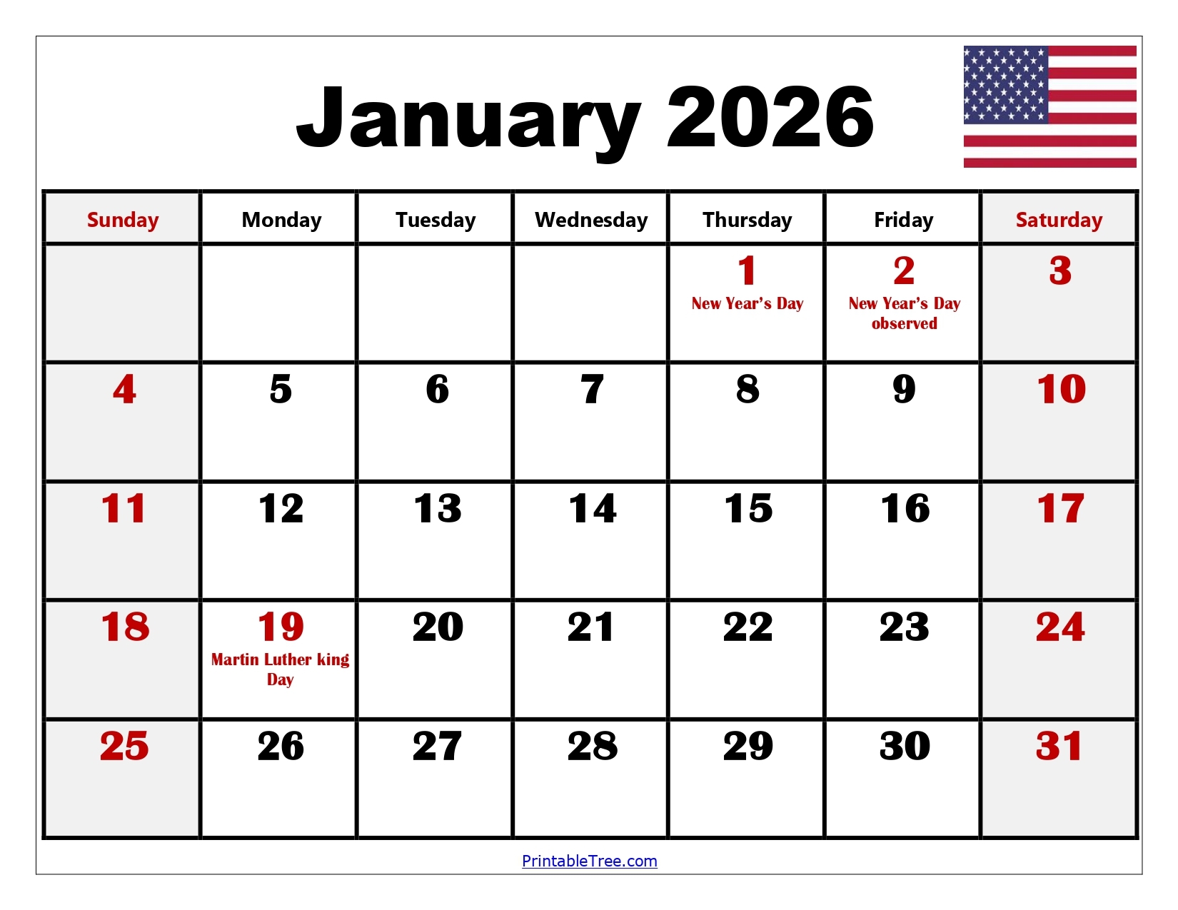 Blank January 2026 Calendar Printable PDF Templates