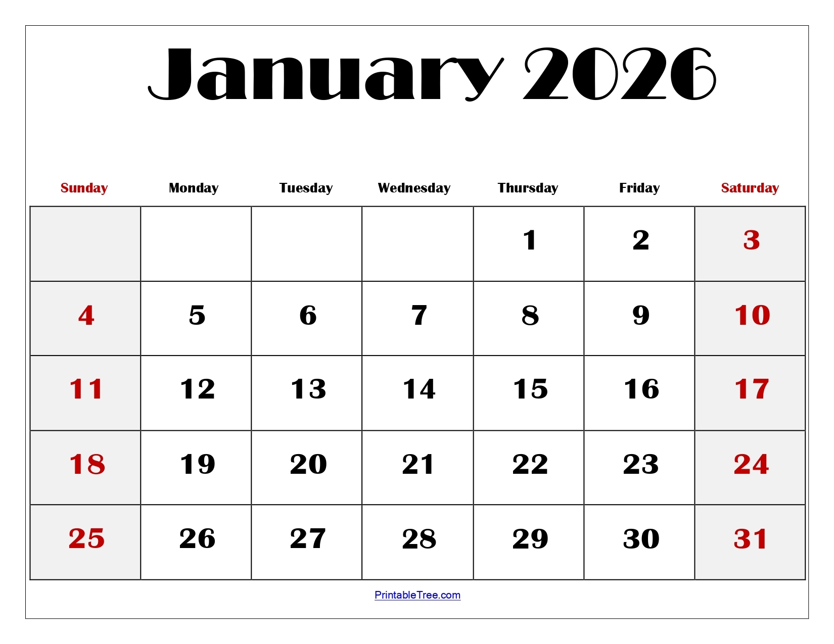 Blank January 2026 Calendar Printable PDF Templates