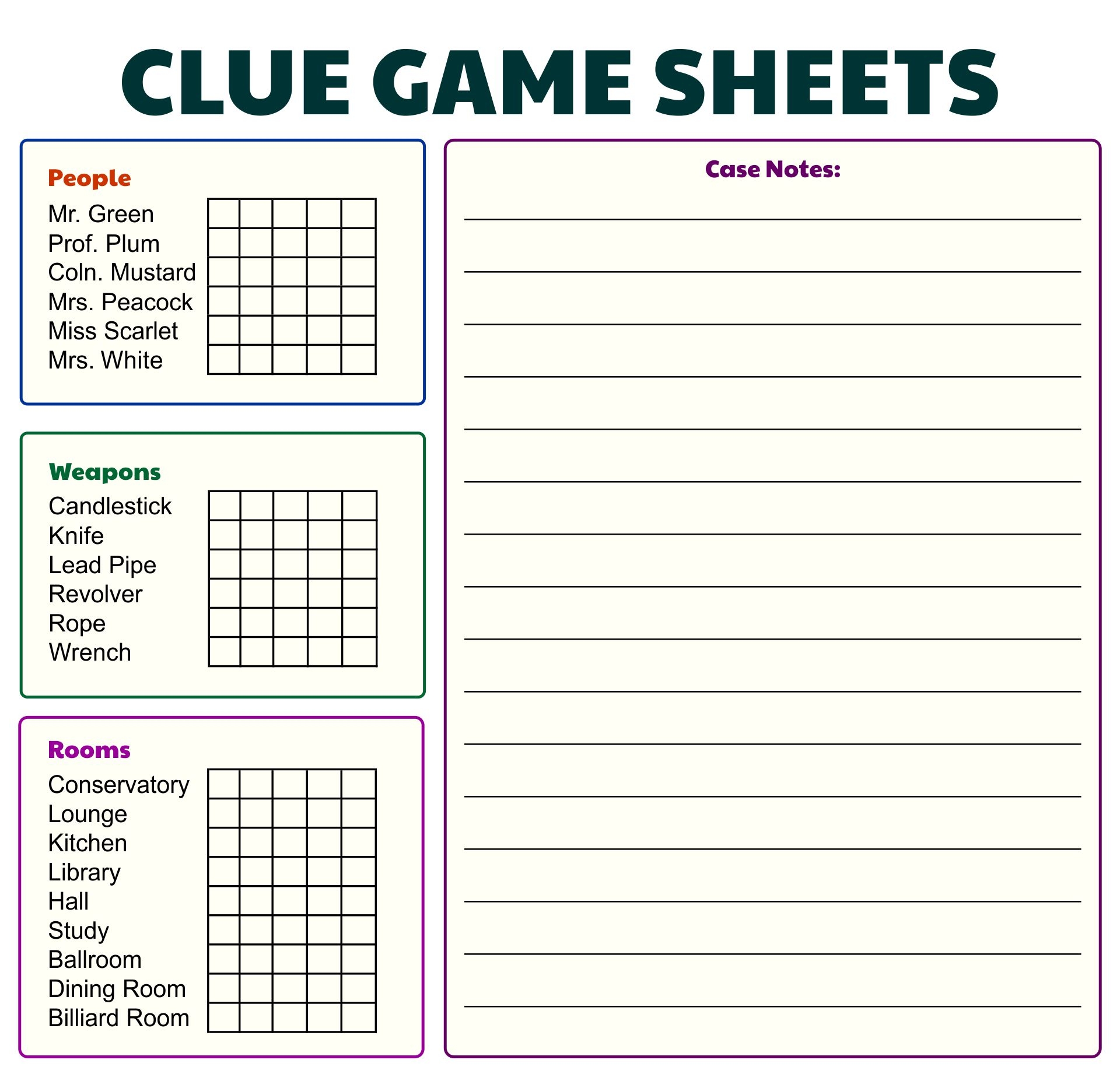 Clue Jr Sheets Printable Free