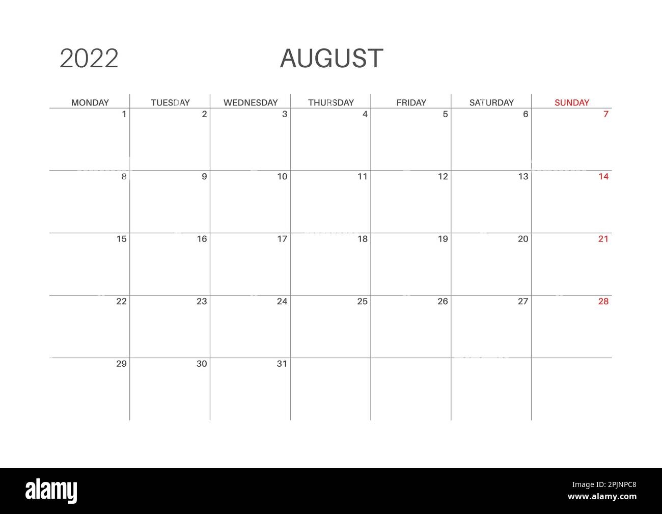 Calendar 2022 August Month Monday Week Start Printable Calendar Template For Planners Week Number Minimalist Style Stock Vector Image Art Alamy