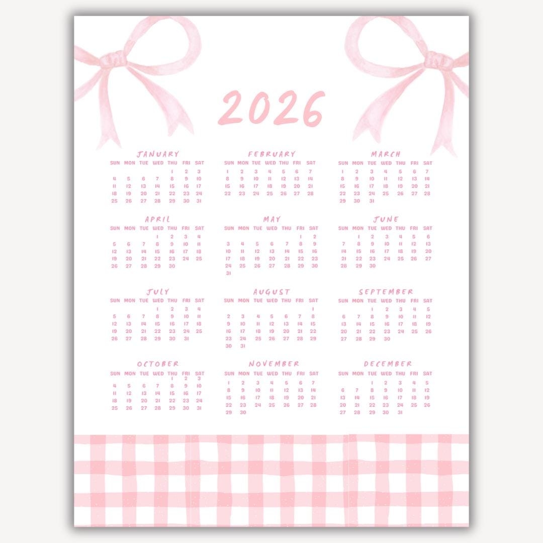 Calendar 2026 Pink Bows 2026 Calendar With Bows Pink Calendar For 2026 Pink Coquette Bows At A Glance 2026 Calendar With Pink Bows Etsy
