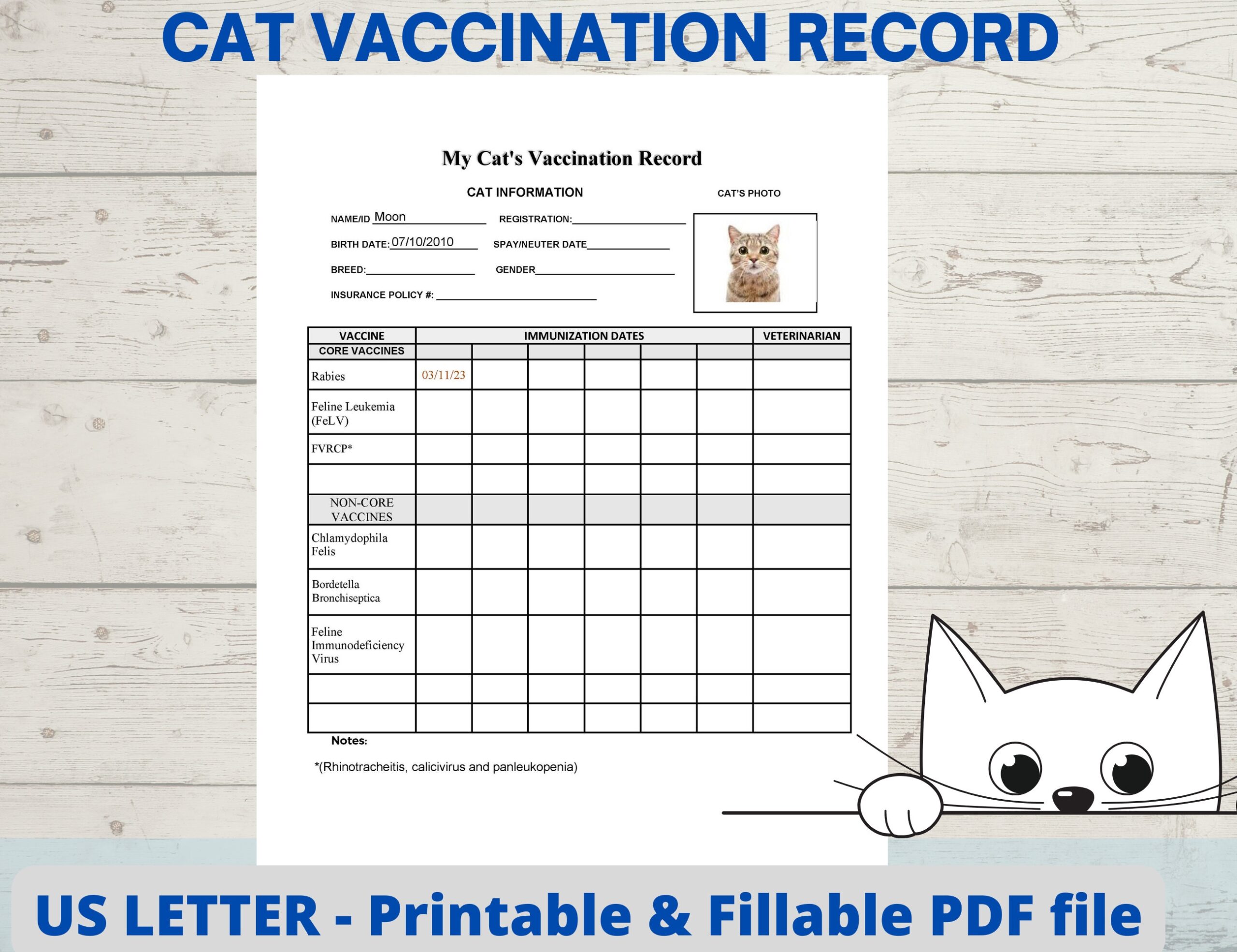 Cat Vaccination Record Cat Health Record Cat Shot Record Pet 