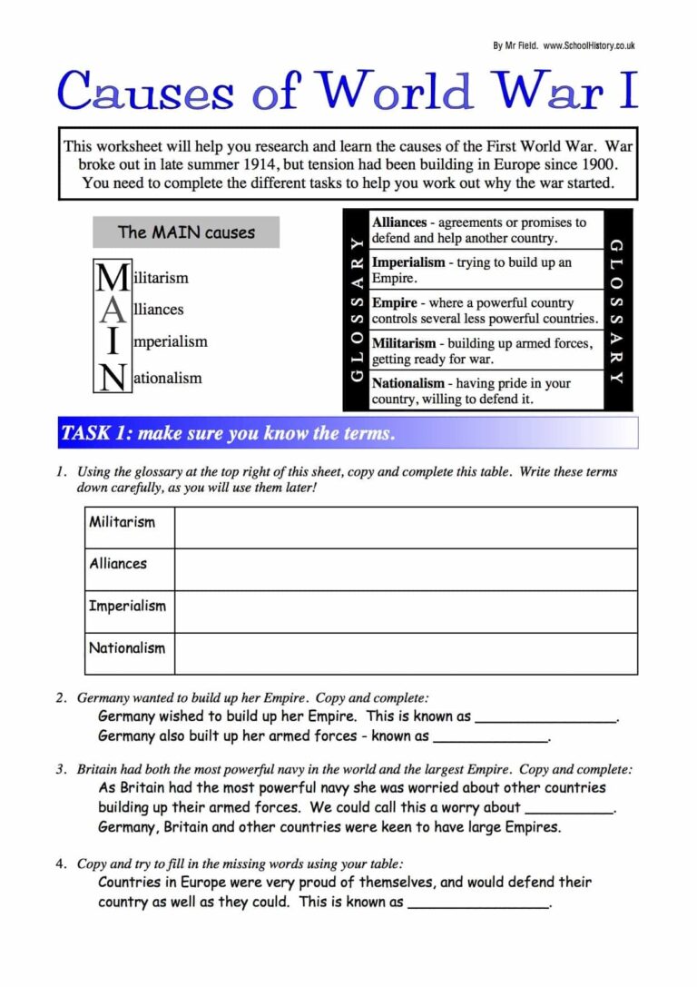 Causes Of World War I Lower Ability Worksheet GCSE Level Worksheets Library