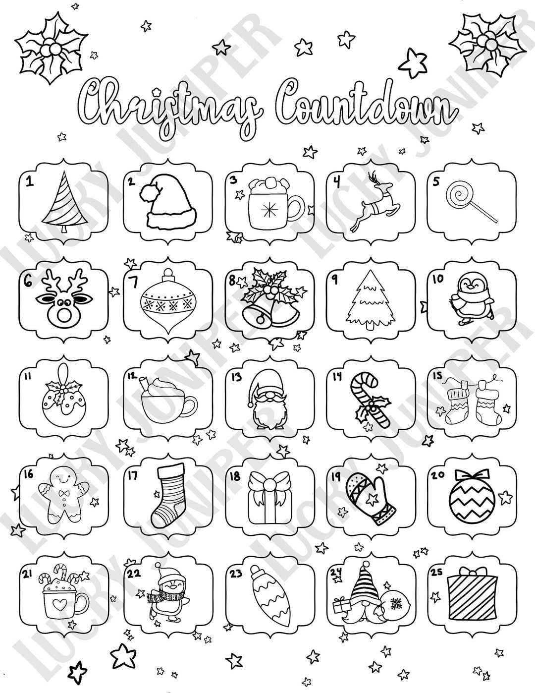 Christmas Countdown Printable Coloring Pages Advent Calendar Holiday Etsy