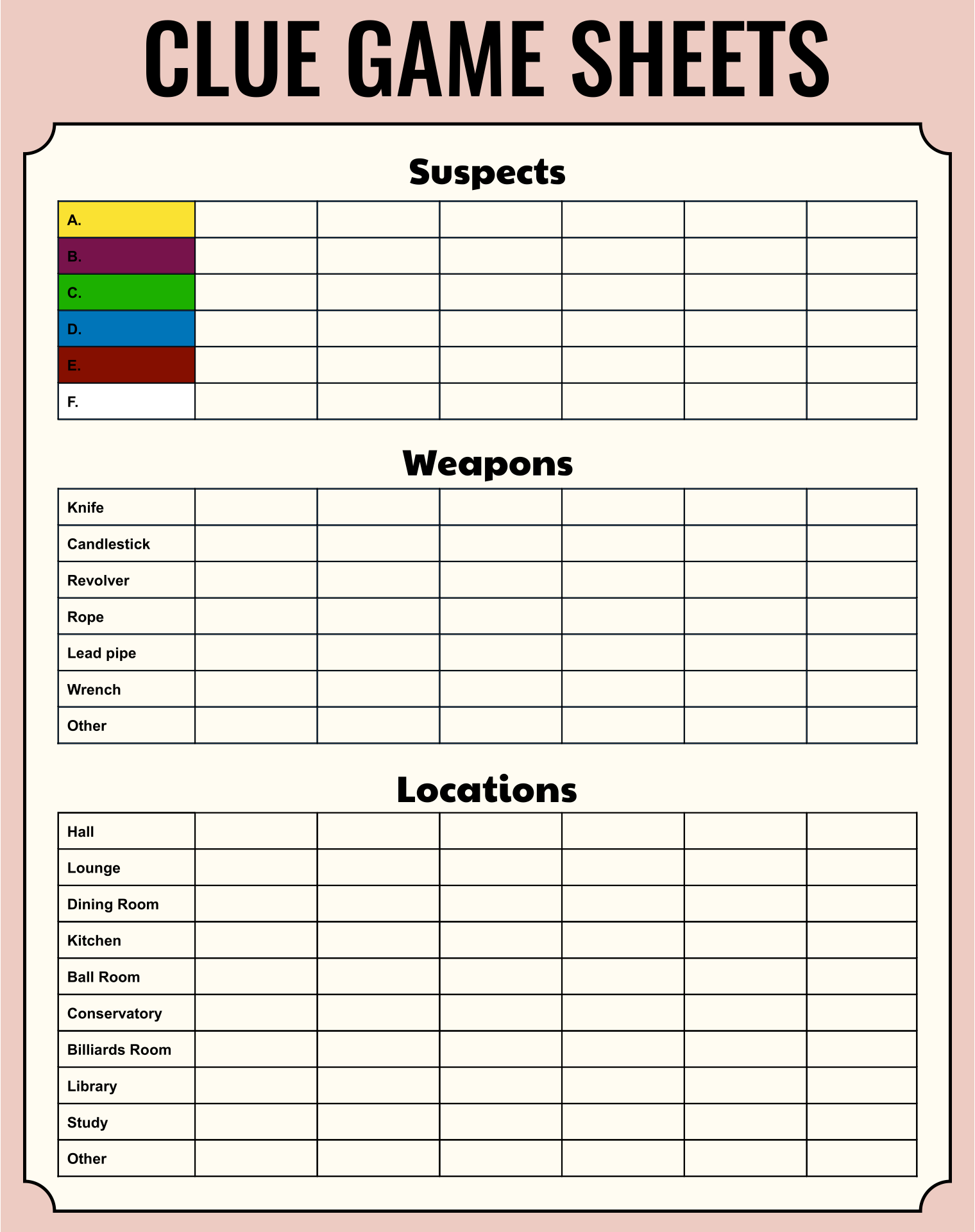Free Printable Clue Sheets